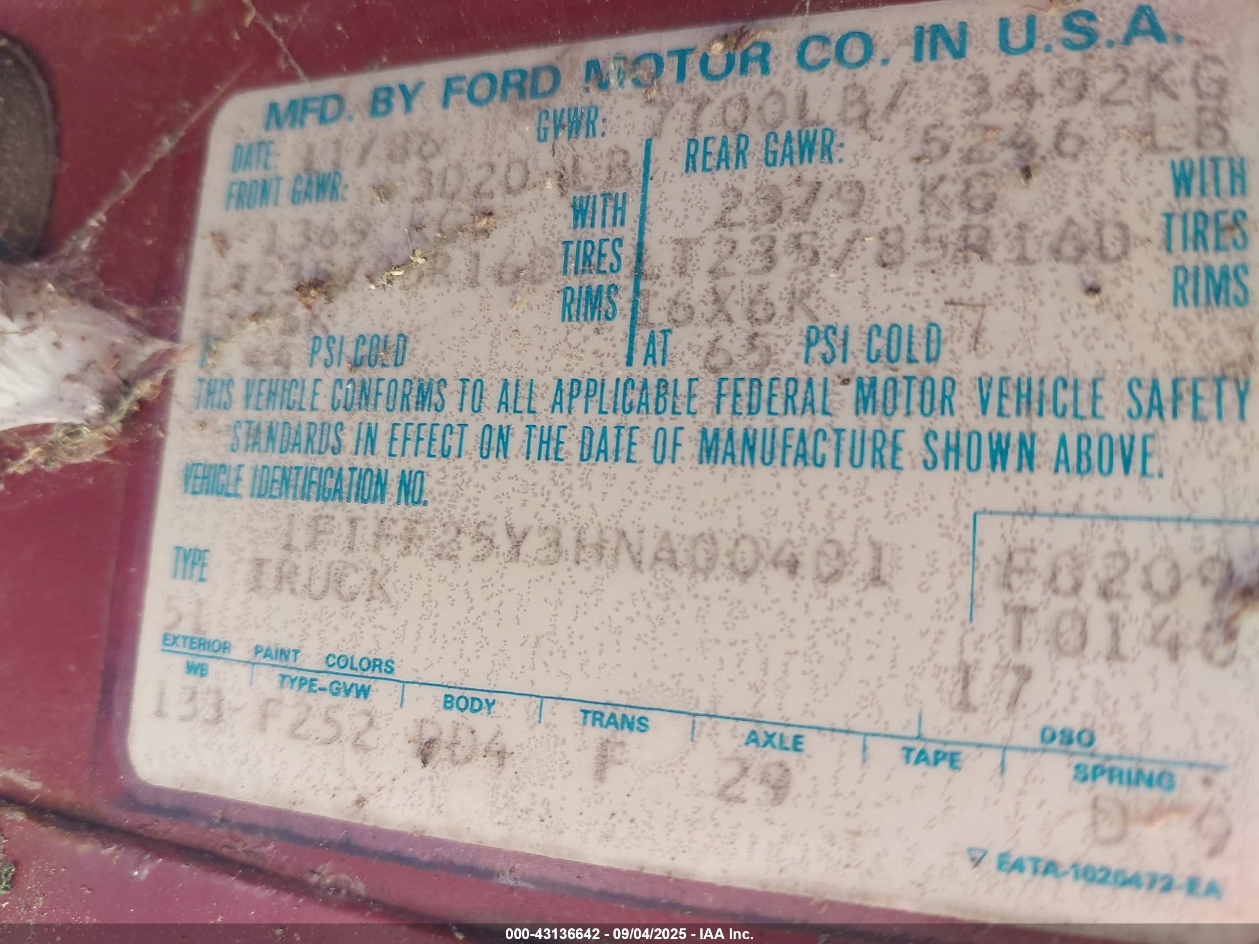 1987 Ford F250   Red vin: 1FTFF25Y3HNA00401