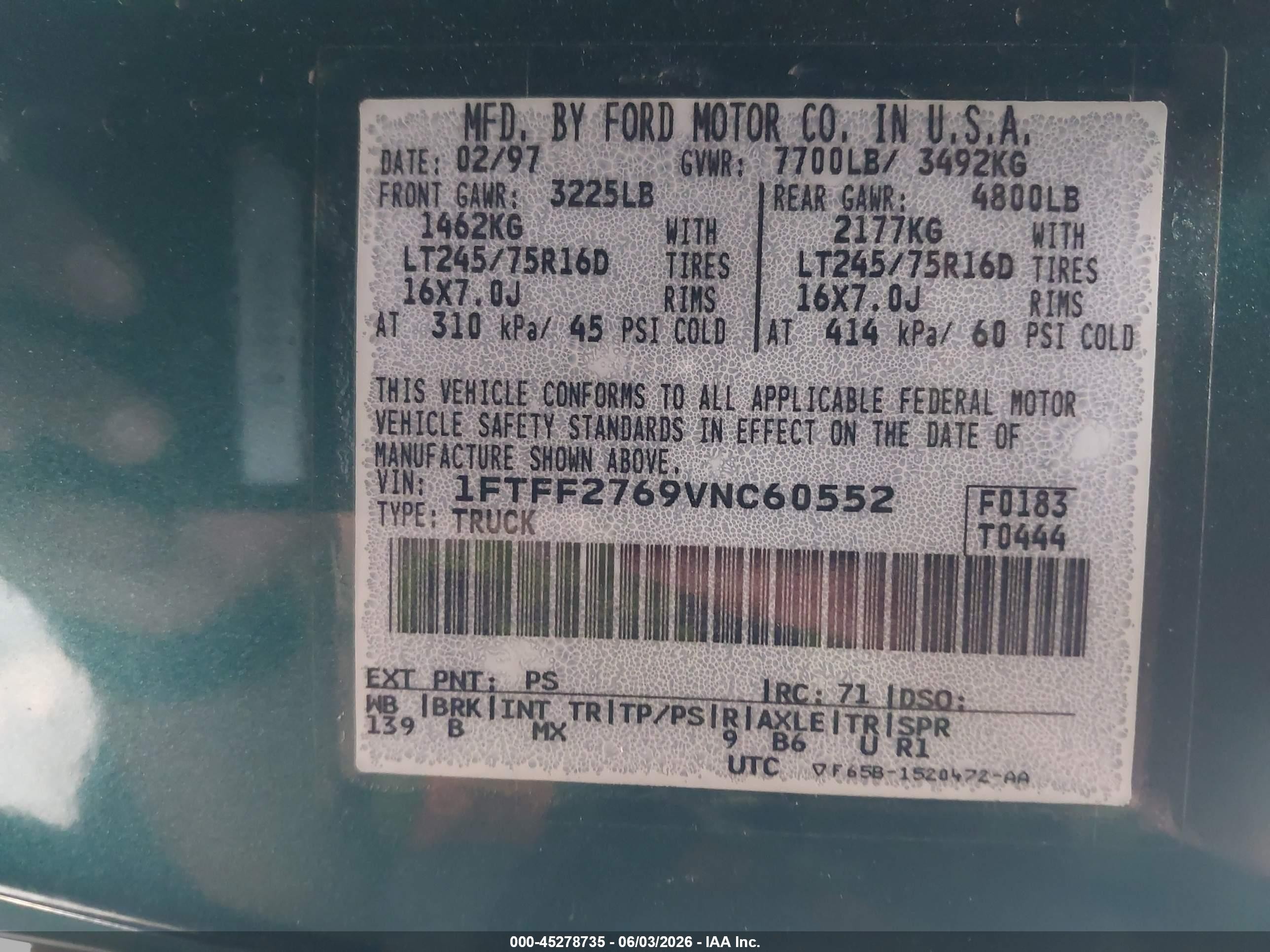 1997 Ford F-250 Lariat/standard/xl/xlt Green vin: 1FTFF2769VNC60552