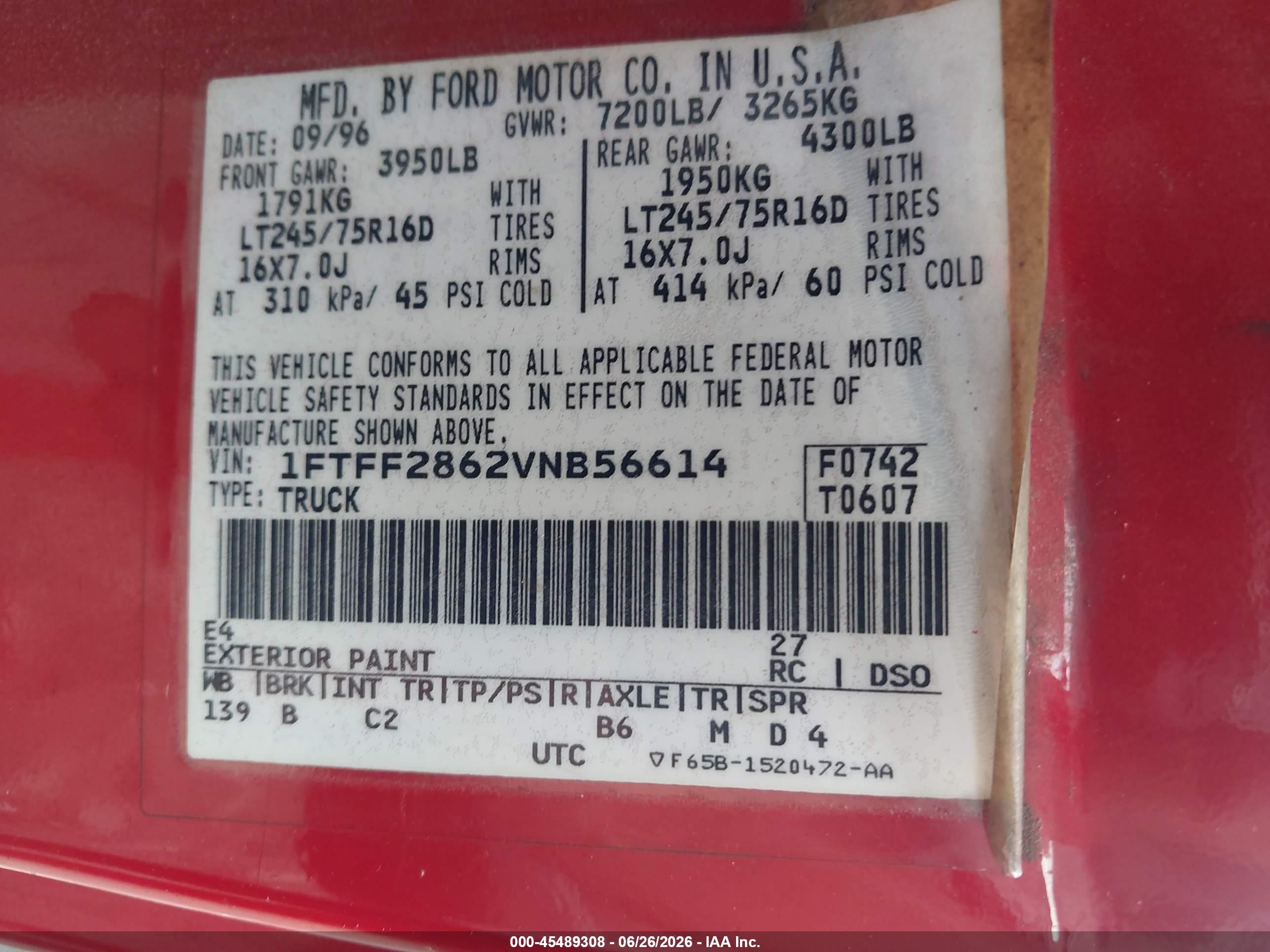 1997 Ford F-250 Standard Lariat/standard/xl/xlt Red vin: 1FTFF2862VNB56614