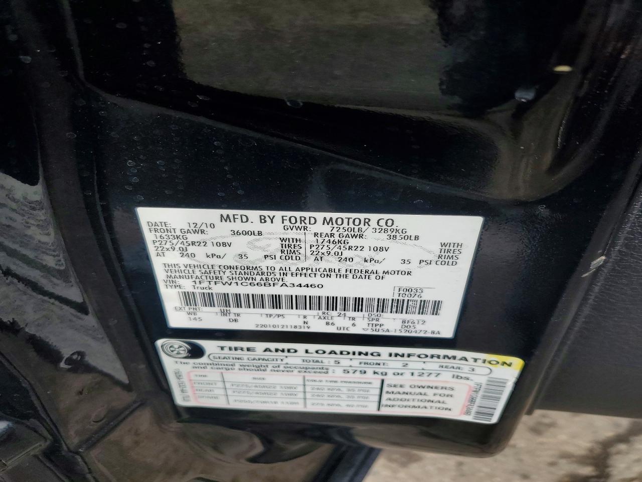 2011 Ford F150 Supercrew Black vin: 1FTFW1C66BFA34460