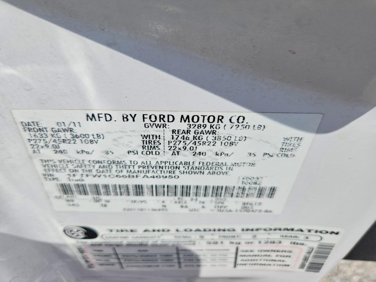 2011 Ford F150 Supercrew White vin: 1FTFW1C66BFA46950