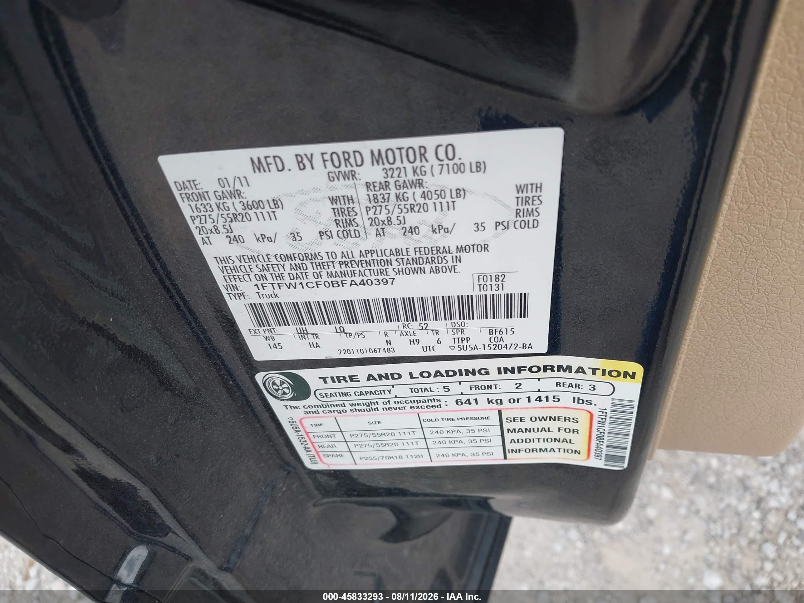 2011 Ford F-150 Lariat Black vin: 1FTFW1CF0BFA40397