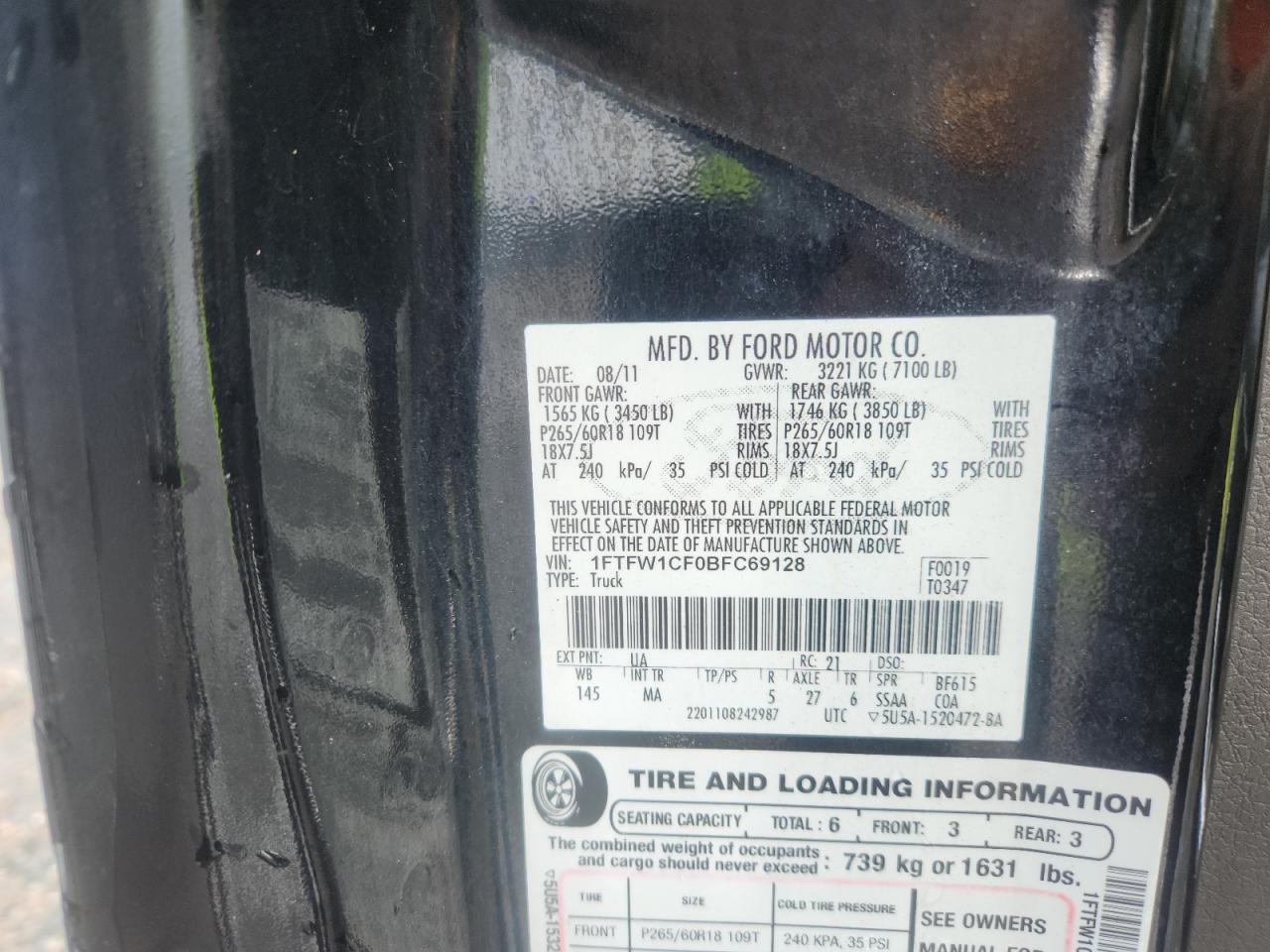 2011 Ford F150 Supercrew Black vin: 1FTFW1CF0BFC69128