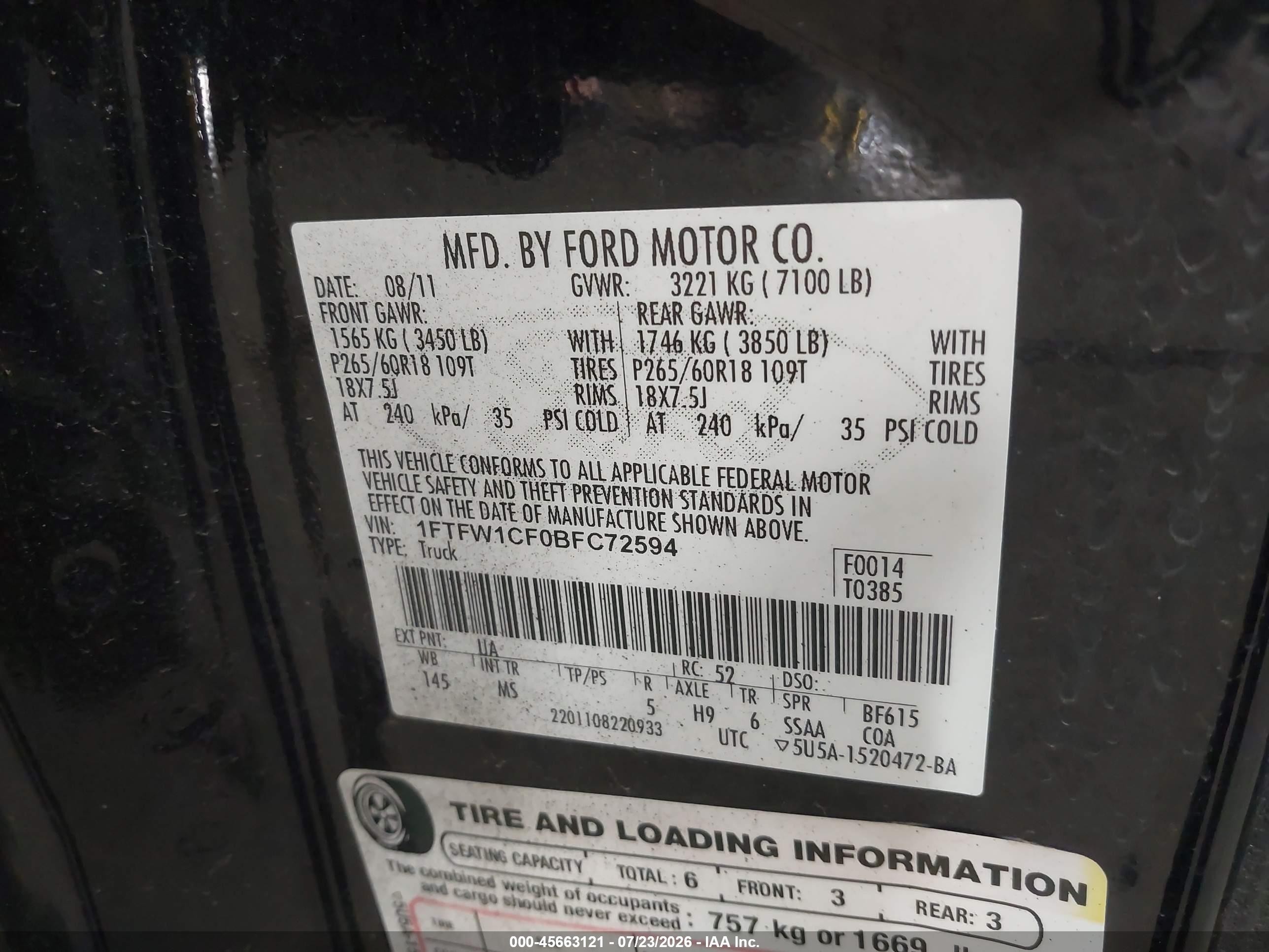 2011 Ford F-150 Xlt Black vin: 1FTFW1CF0BFC72594
