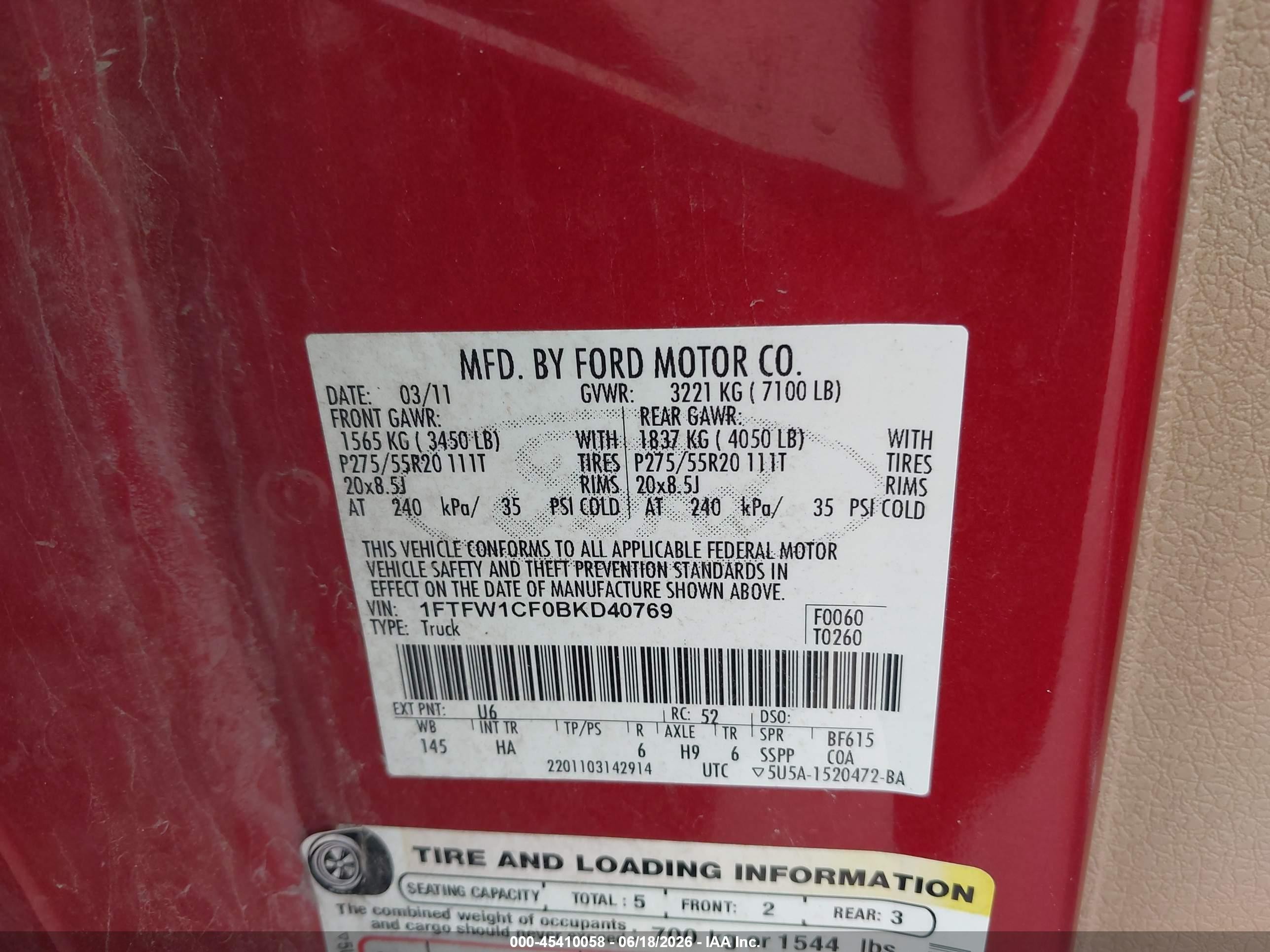 2011 Ford F-150 Lariat Red vin: 1FTFW1CF0BKD40769