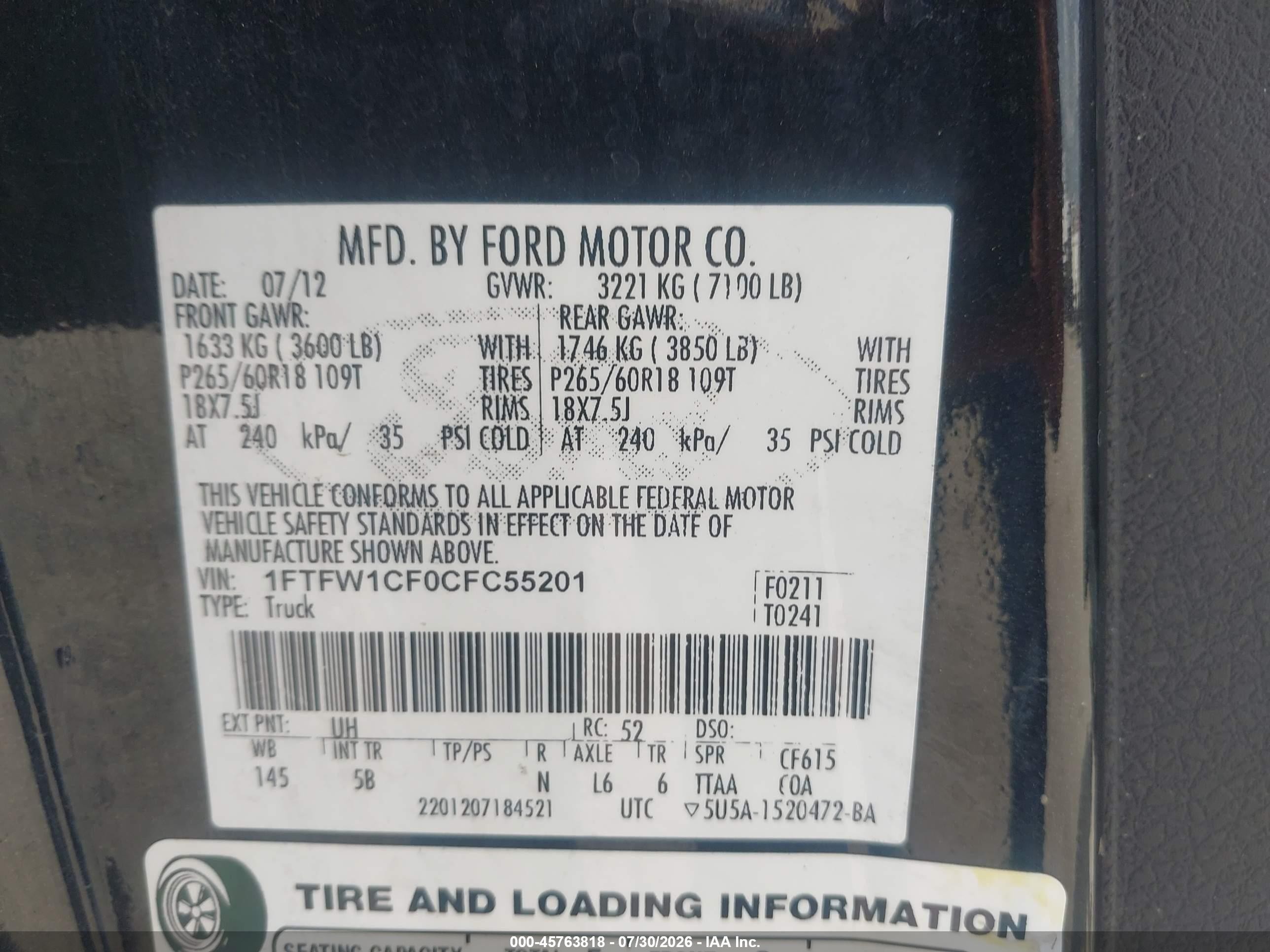 2012 Ford F-150 Fx2 Black vin: 1FTFW1CF0CFC55201