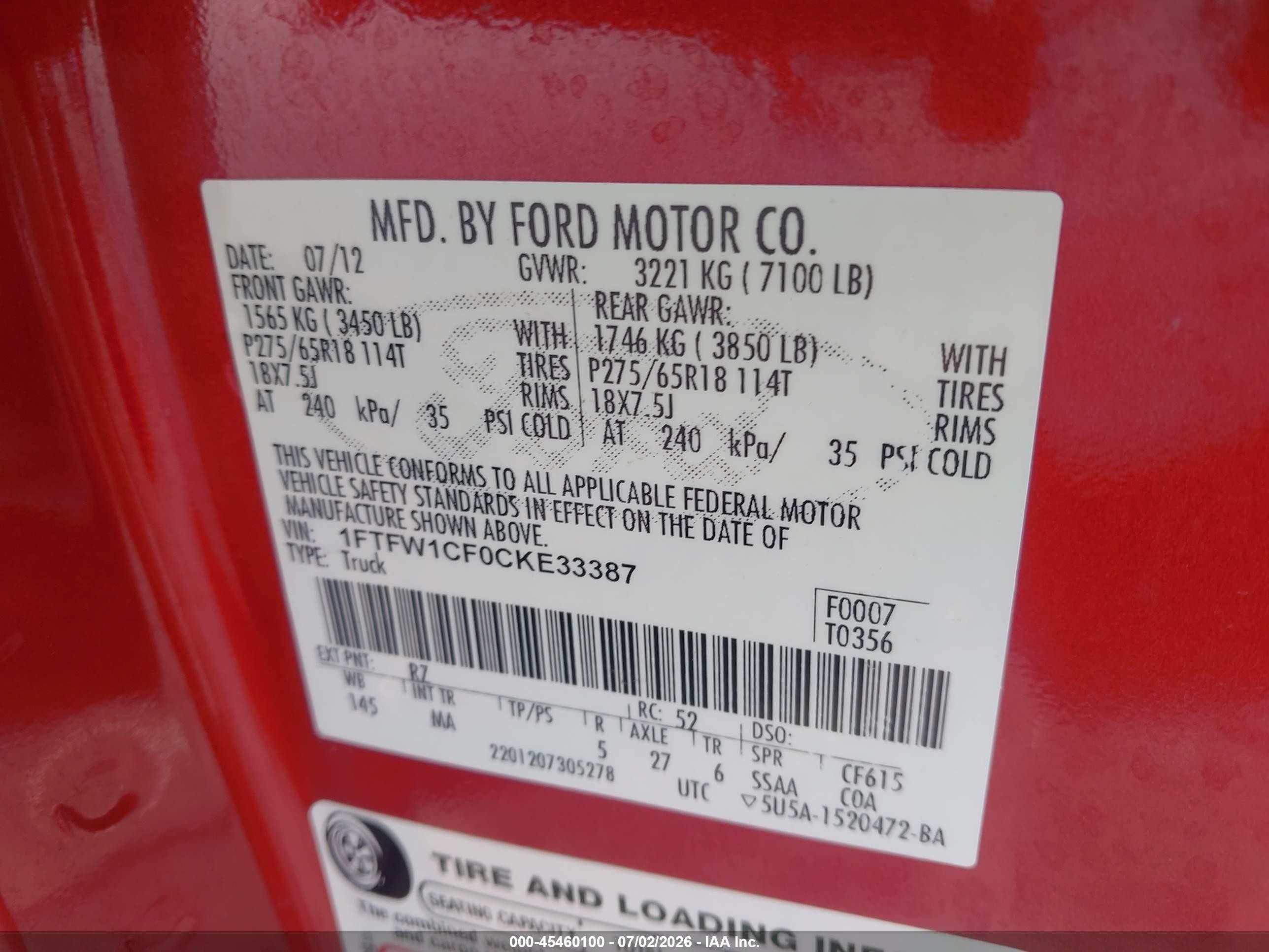 2012 Ford F-150 Fx2/king Ranch/lariat/platinum/xl/xlt Red vin: 1FTFW1CF0CKE33387