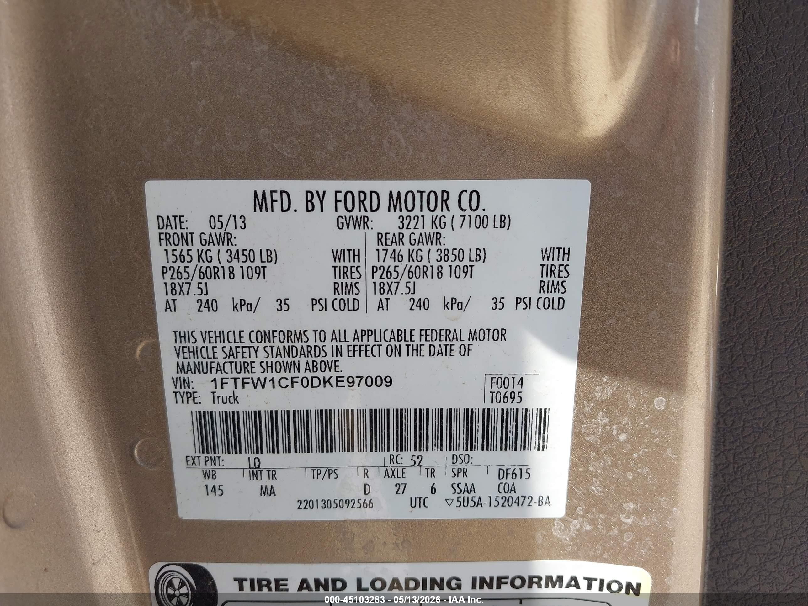 2013 Ford F-150 Xlt Tan vin: 1FTFW1CF0DKE97009