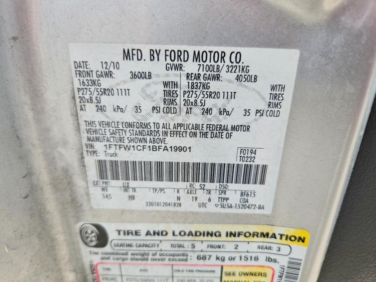 2011 Ford F150 Supercrew Silver vin: 1FTFW1CF1BFA19901