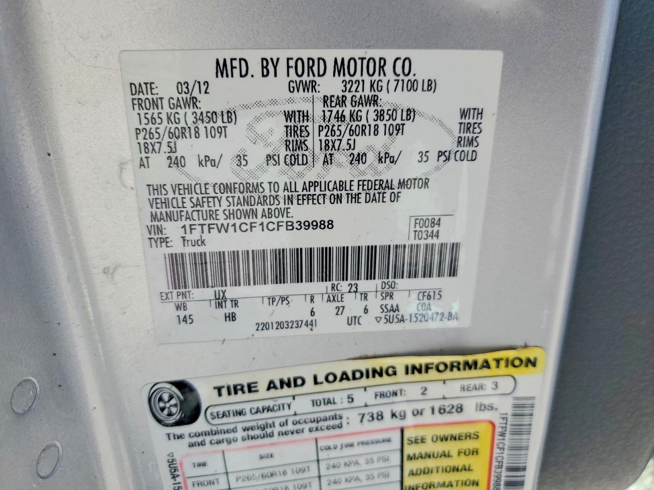 2012 Ford F150 Supercrew Silver vin: 1FTFW1CF1CFB39988