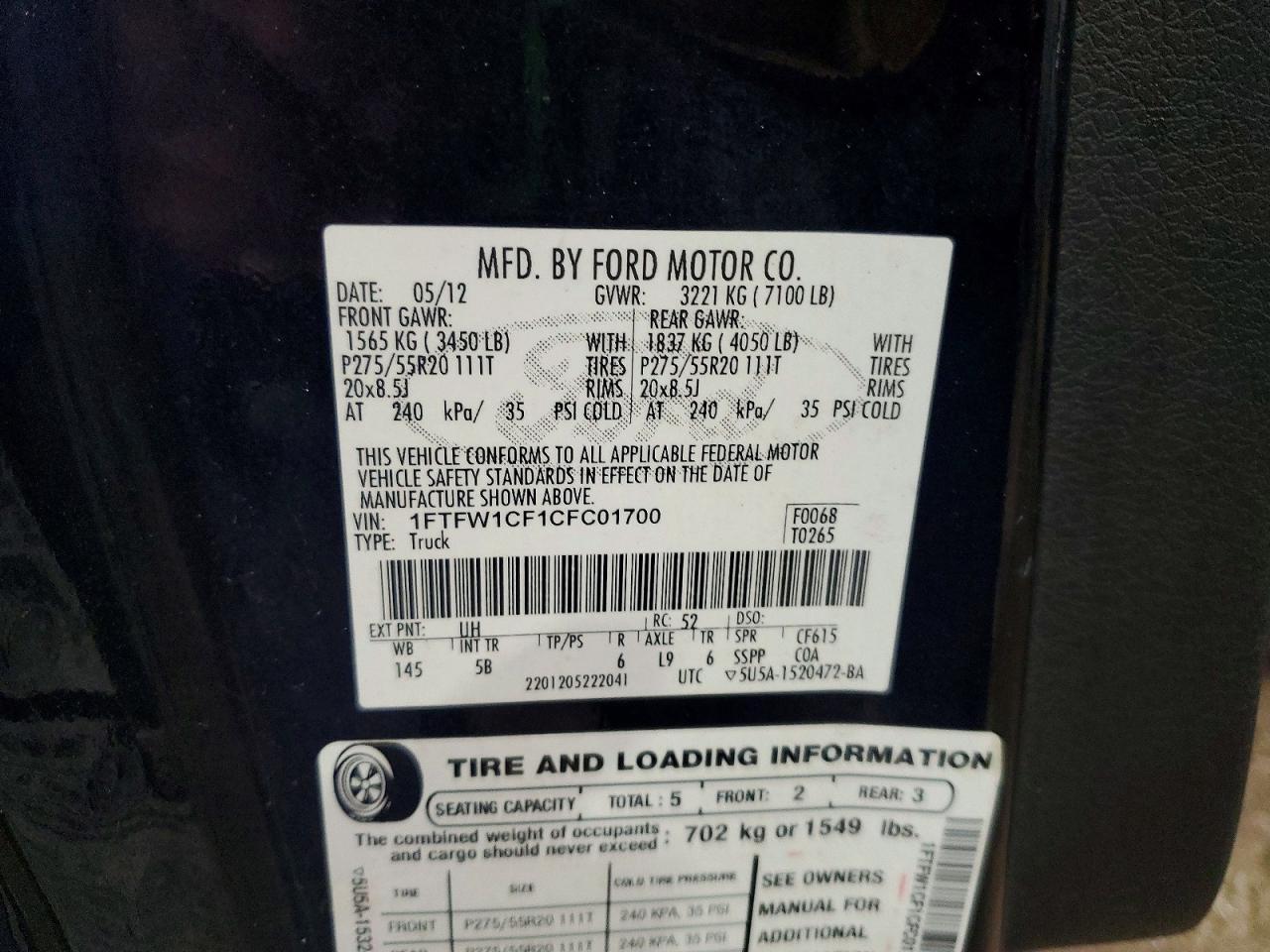 2012 Ford F150 Supercrew Black vin: 1FTFW1CF1CFC01700