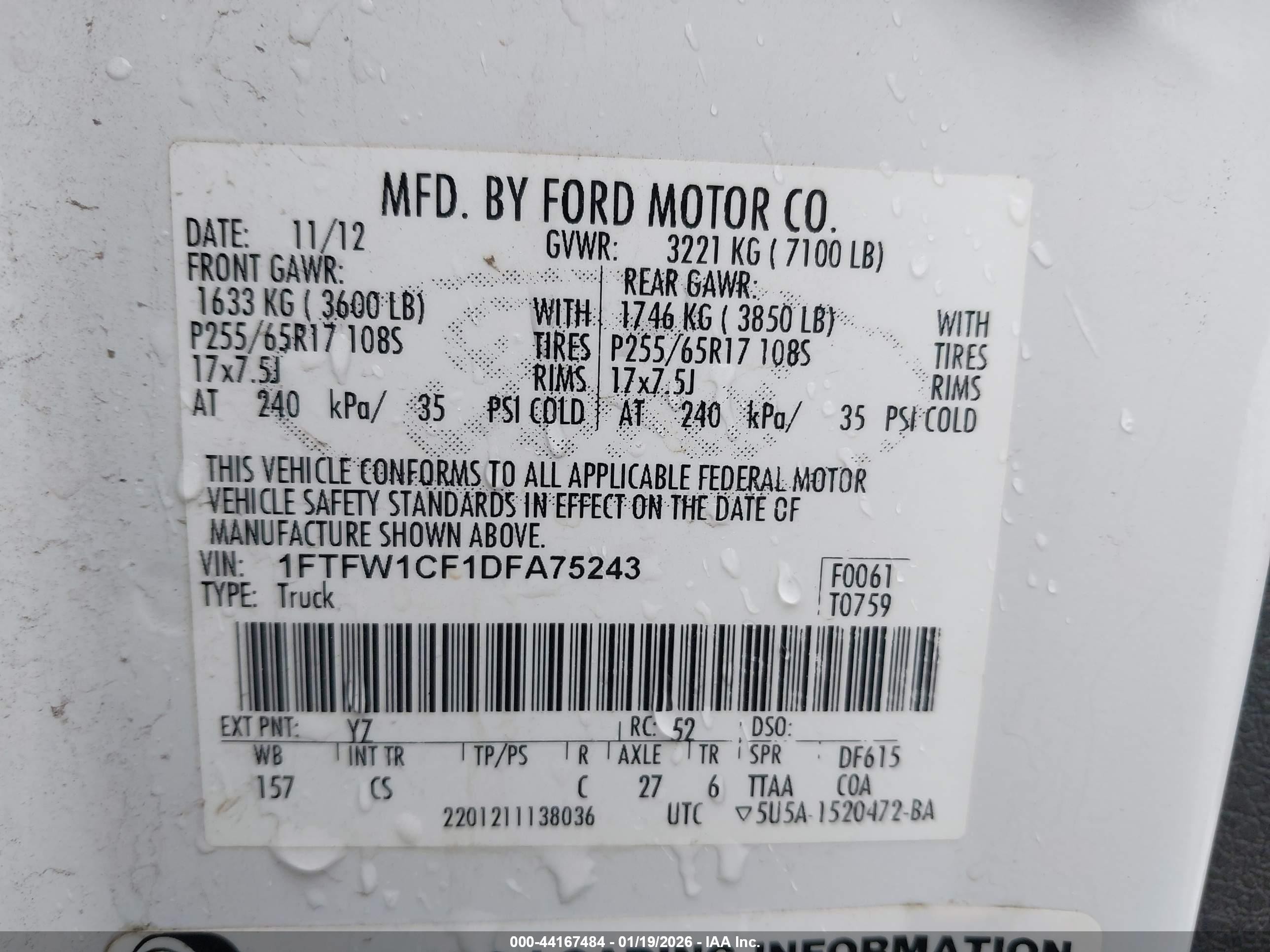 2013 Ford F-150 Xl White vin: 1FTFW1CF1DFA75243