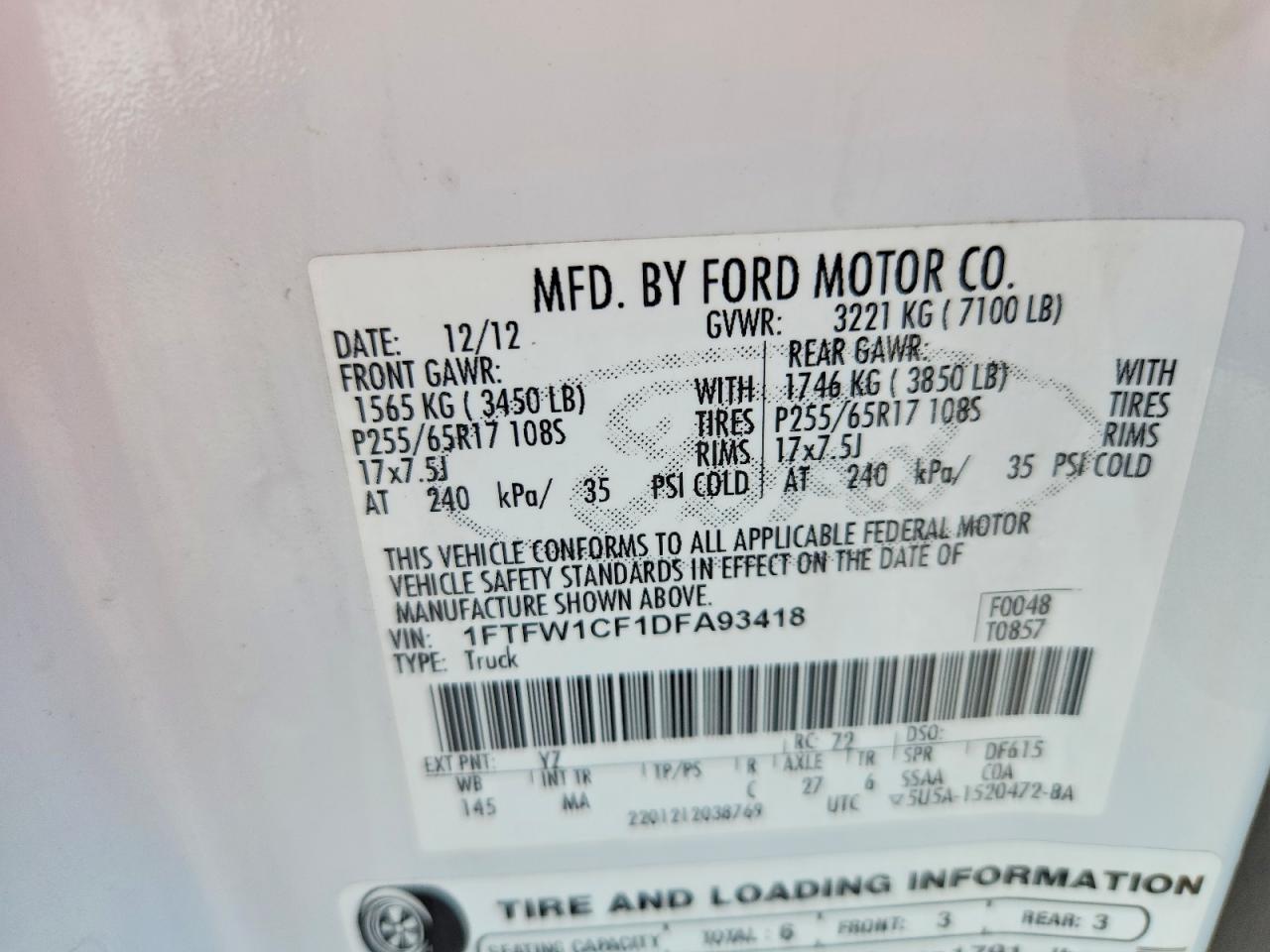 2013 Ford F150 Supercrew White vin: 1FTFW1CF1DFA93418