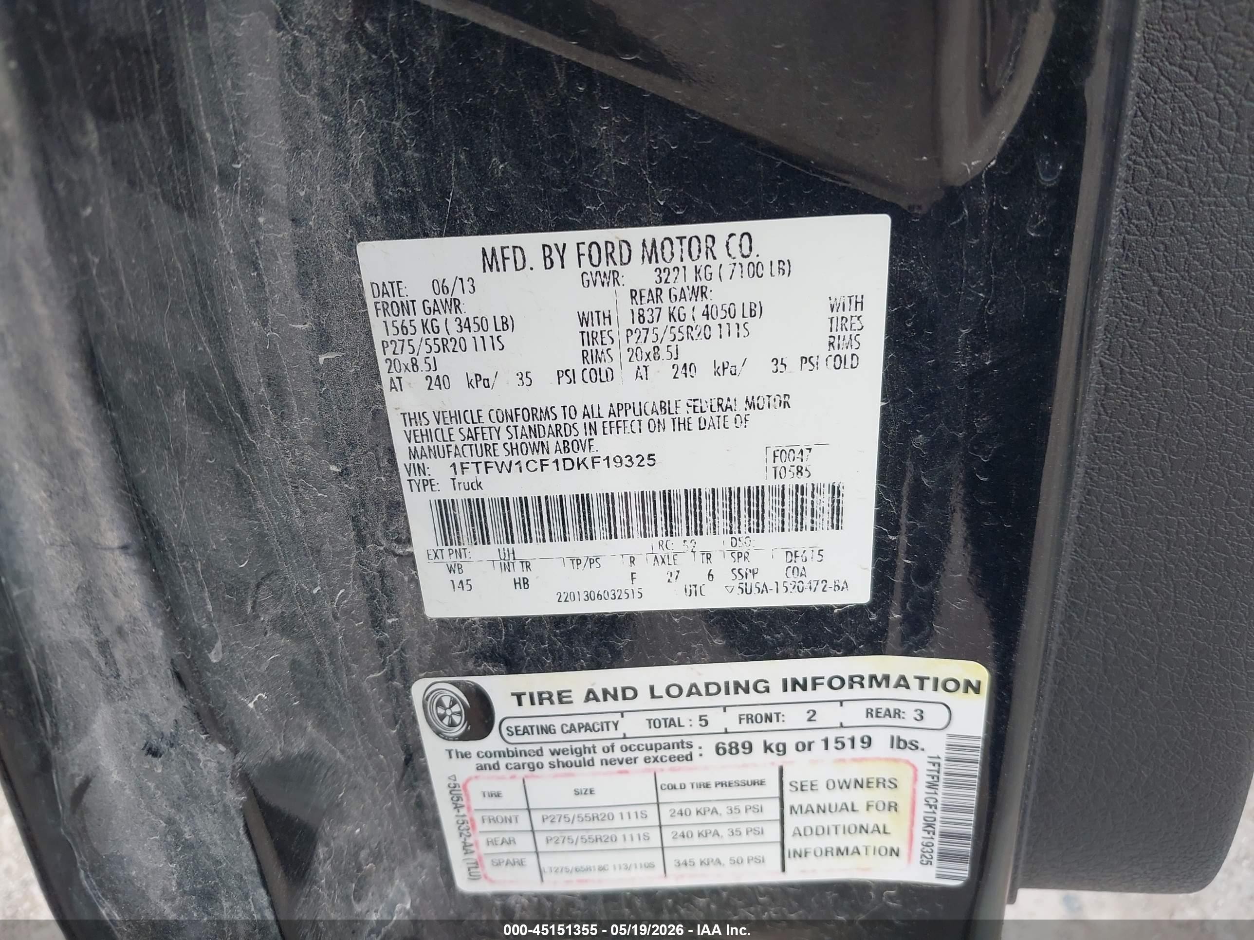 2013 Ford F-150 Lariat Black vin: 1FTFW1CF1DKF19325