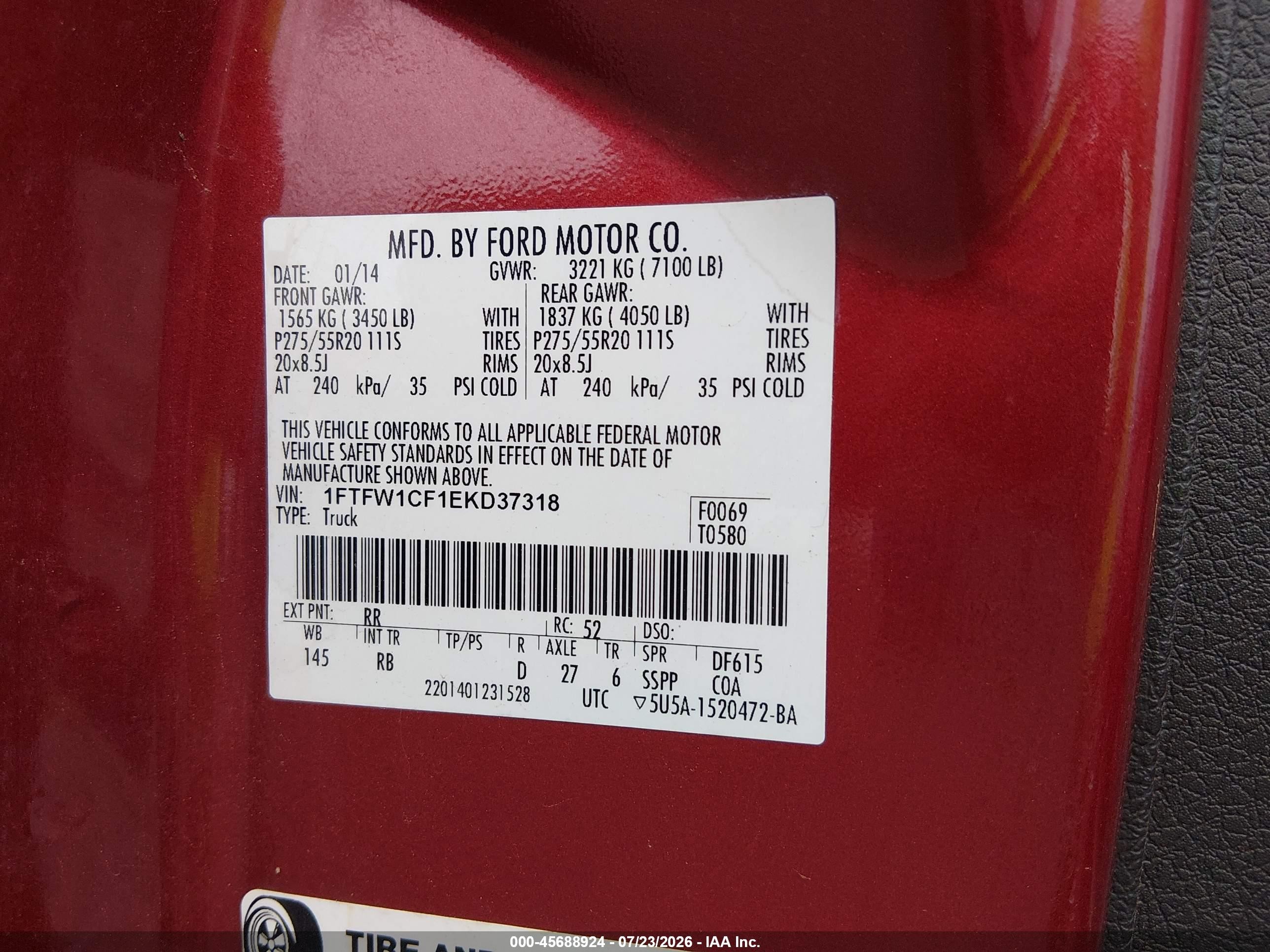 2014 Ford F-150 Fx2 Red vin: 1FTFW1CF1EKD37318