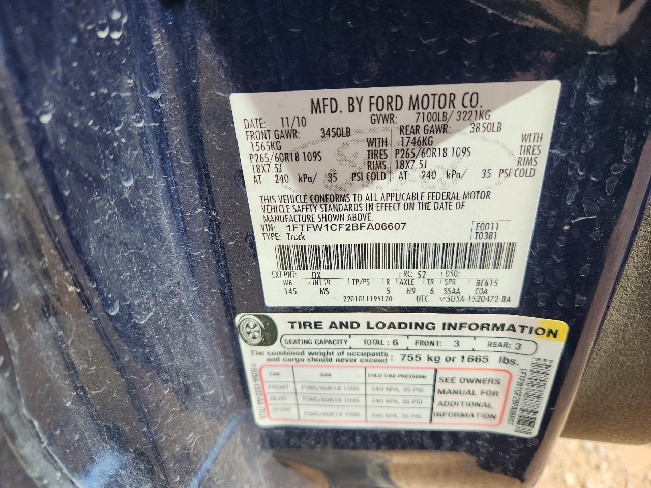 2011 Ford F150 Supercrew Blue vin: 1FTFW1CF2BFA06607