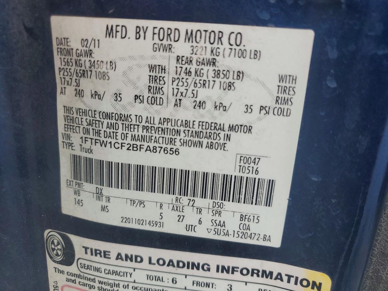 2011 Ford F150 Supercrew Blue vin: 1FTFW1CF2BFA87656