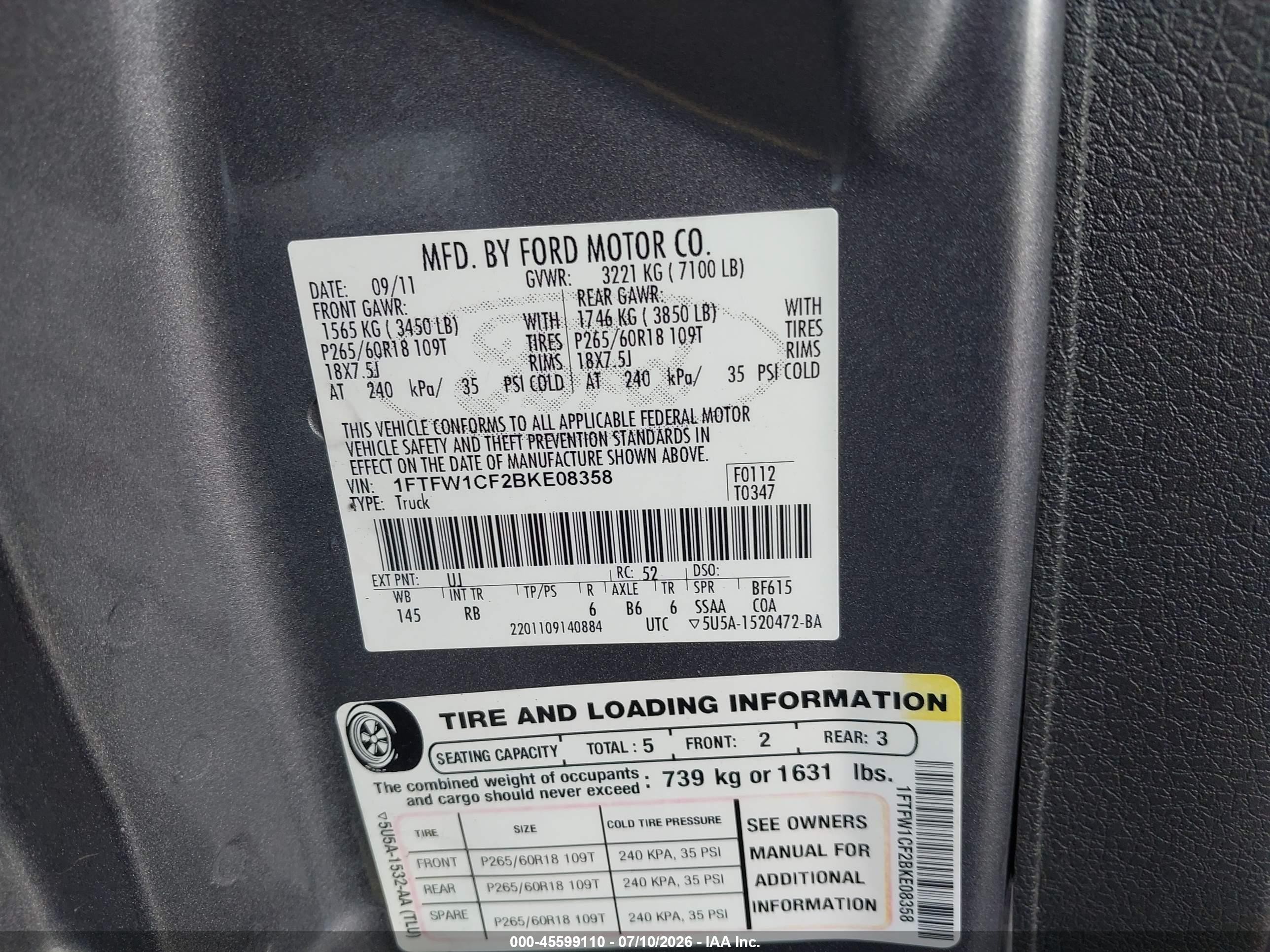 2011 Ford F-150 Fx2/king Ranch/lariat/platinum/xl/xlt Gray vin: 1FTFW1CF2BKE08358