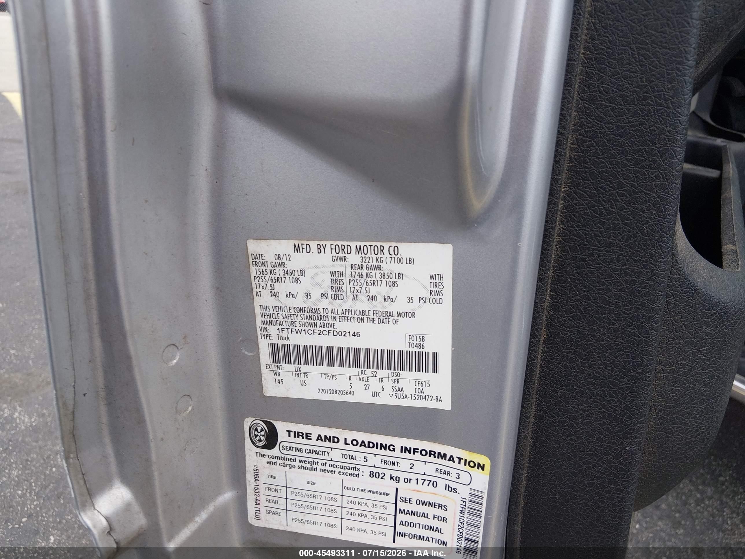 2012 Ford F-150 Fx2/king Ranch/lariat/platinum/xl/xlt Silver vin: 1FTFW1CF2CFD02146