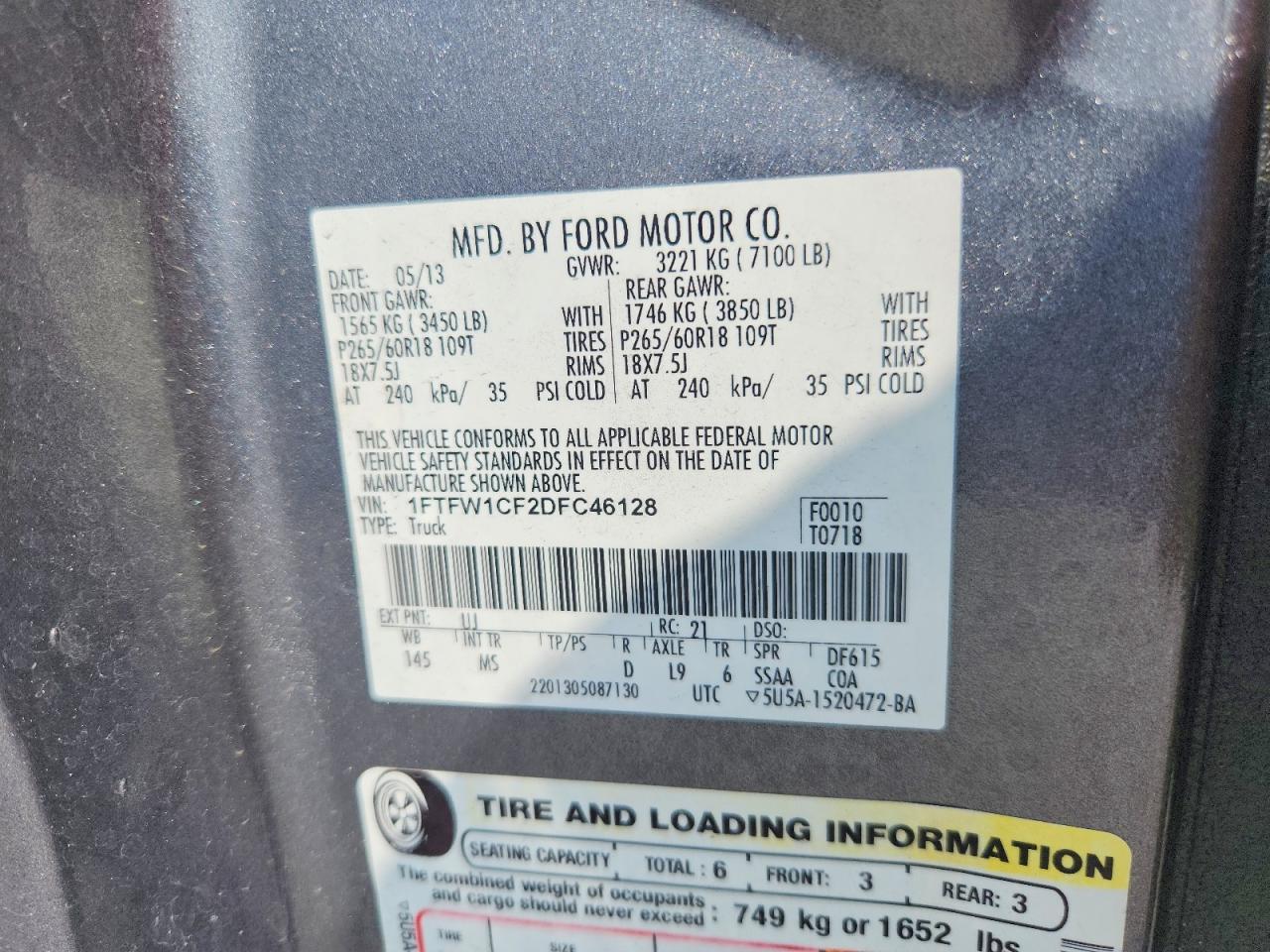 2013 Ford F150 Supercrew Gray vin: 1FTFW1CF2DFC46128