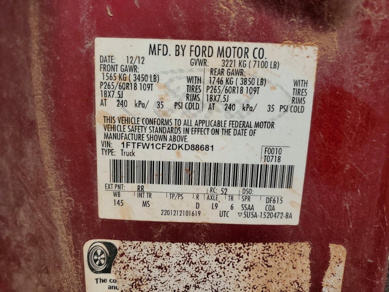 2013 Ford F150 Supercrew Red vin: 1FTFW1CF2DKD88681