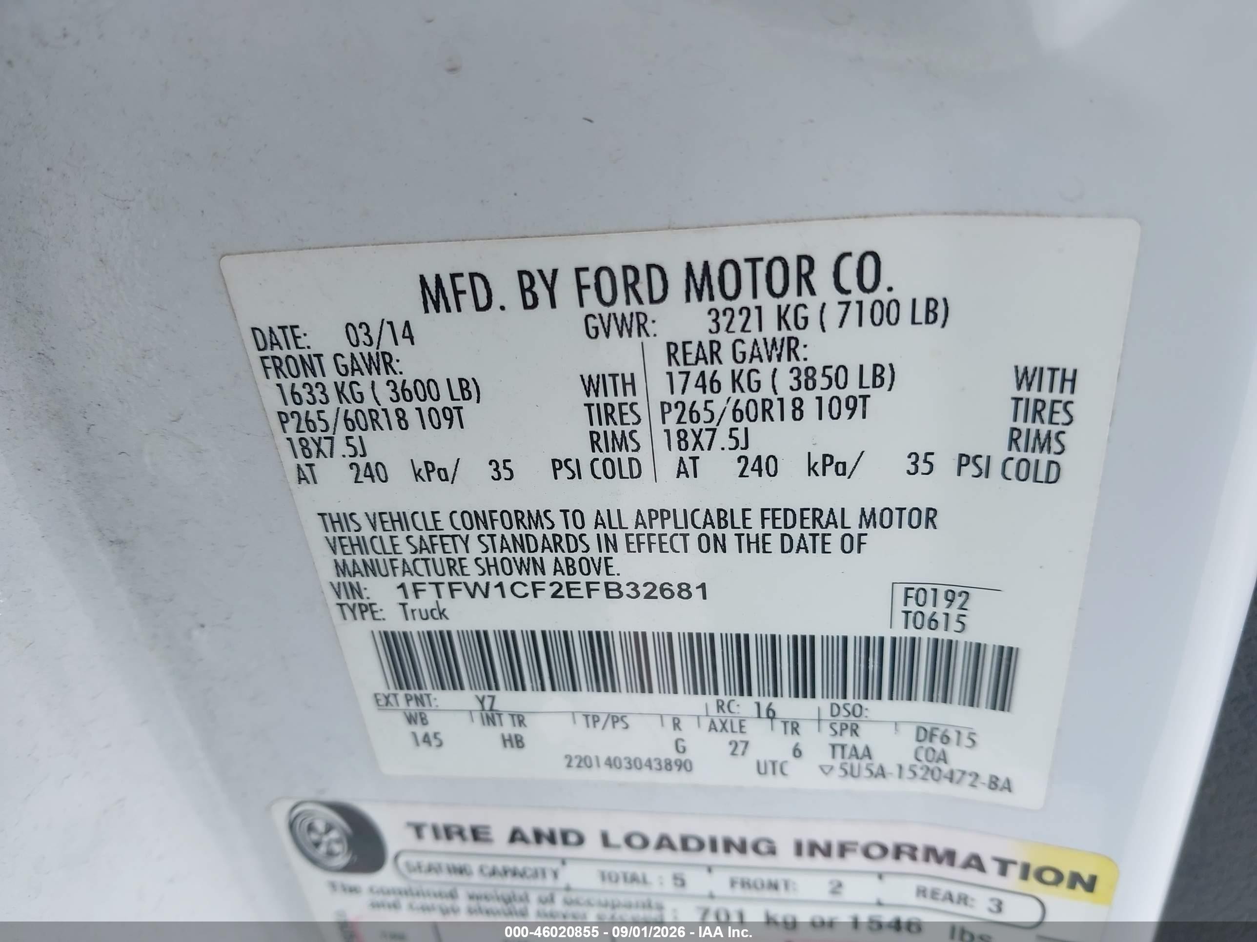 2014 Ford F-150 Lariat White vin: 1FTFW1CF2EFB32681