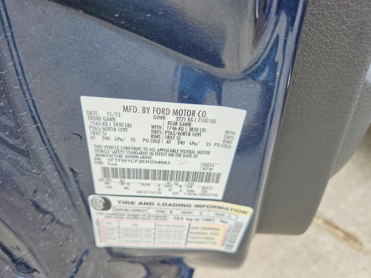 2014 Ford F150 Supercrew Blue vin: 1FTFW1CF2EKD04683
