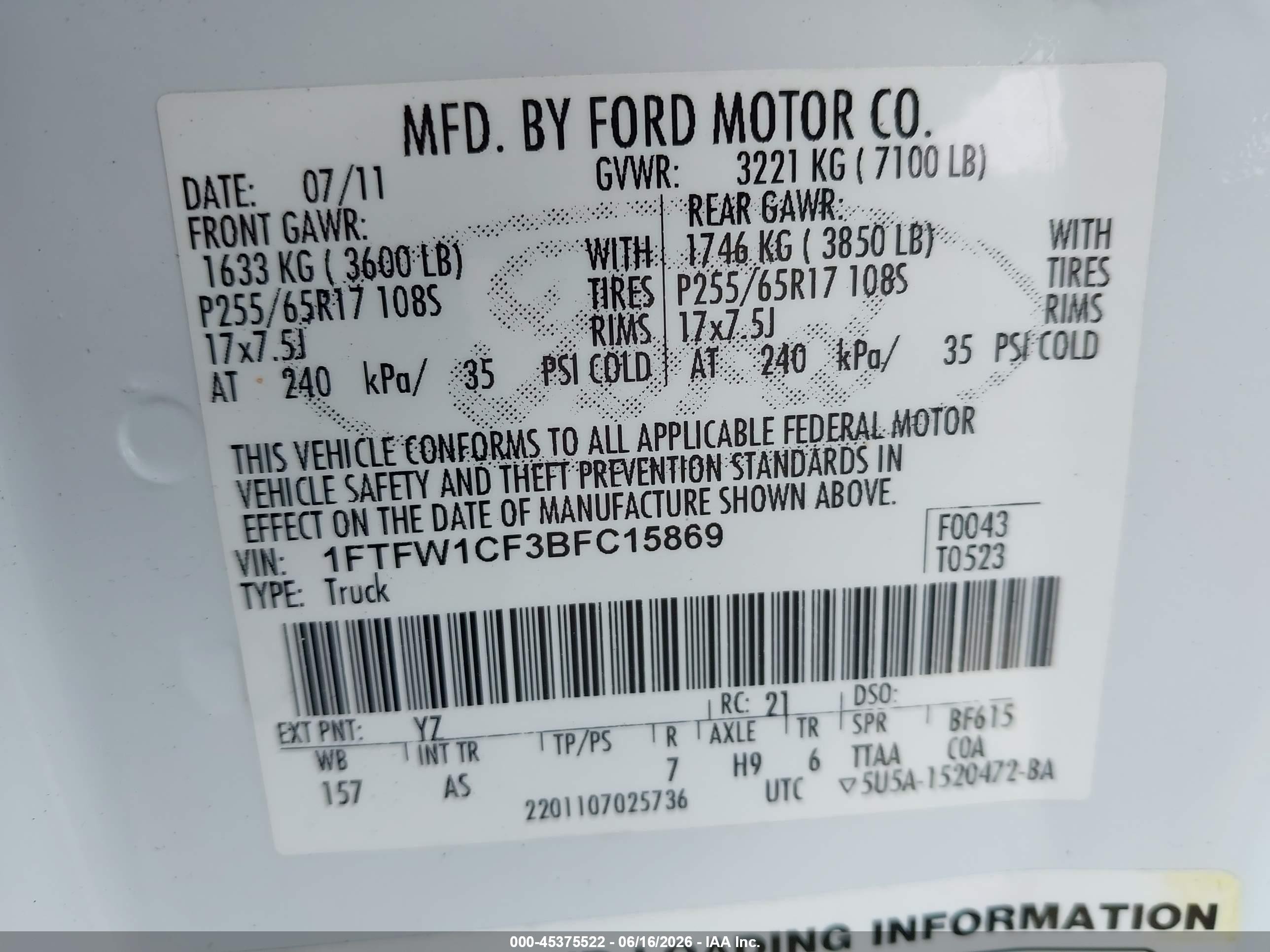2011 Ford F-150 Xl White vin: 1FTFW1CF3BFC15869
