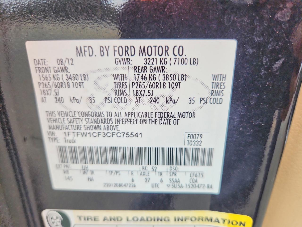 2012 Ford F150 Supercrew Black vin: 1FTFW1CF3CFC75541