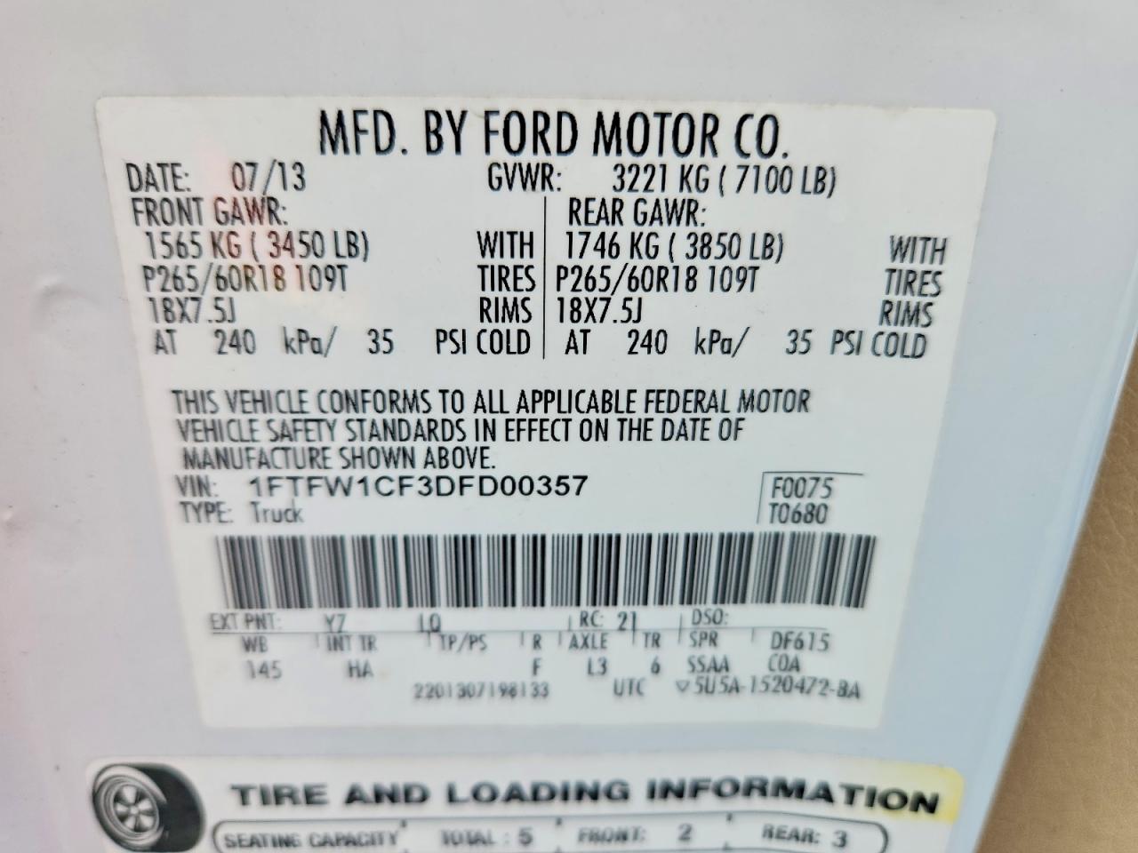 2013 Ford F150 Supercrew White vin: 1FTFW1CF3DFD00357