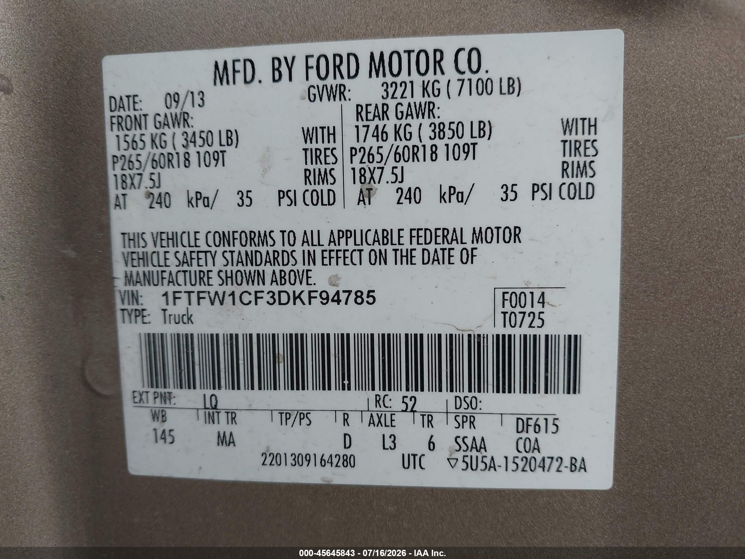 2013 Ford F-150 Xlt Gold vin: 1FTFW1CF3DKF94785