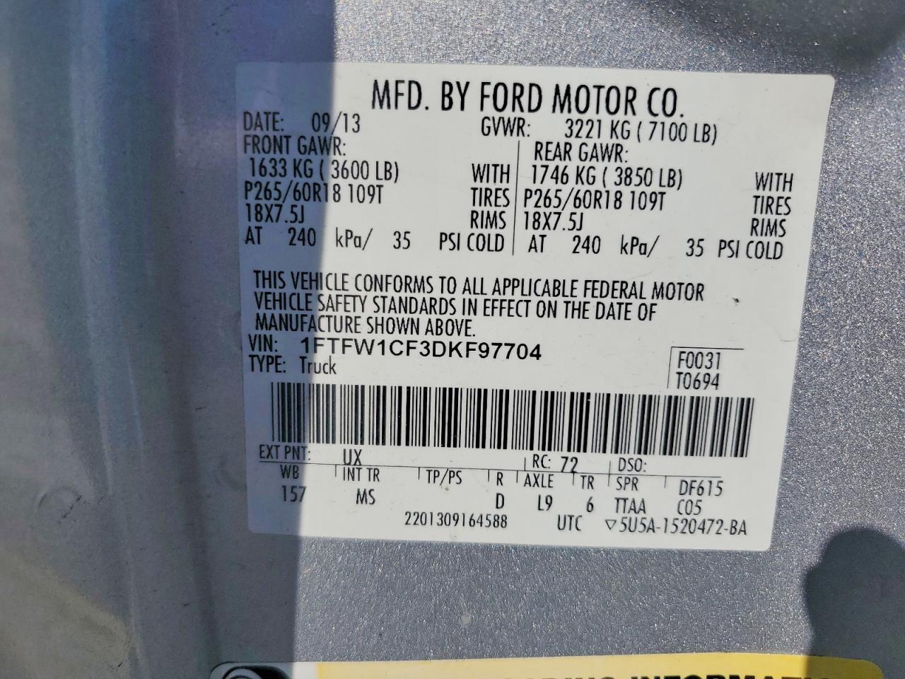 2013 Ford F150 Silver vin: 1FTFW1CF3DKF97704