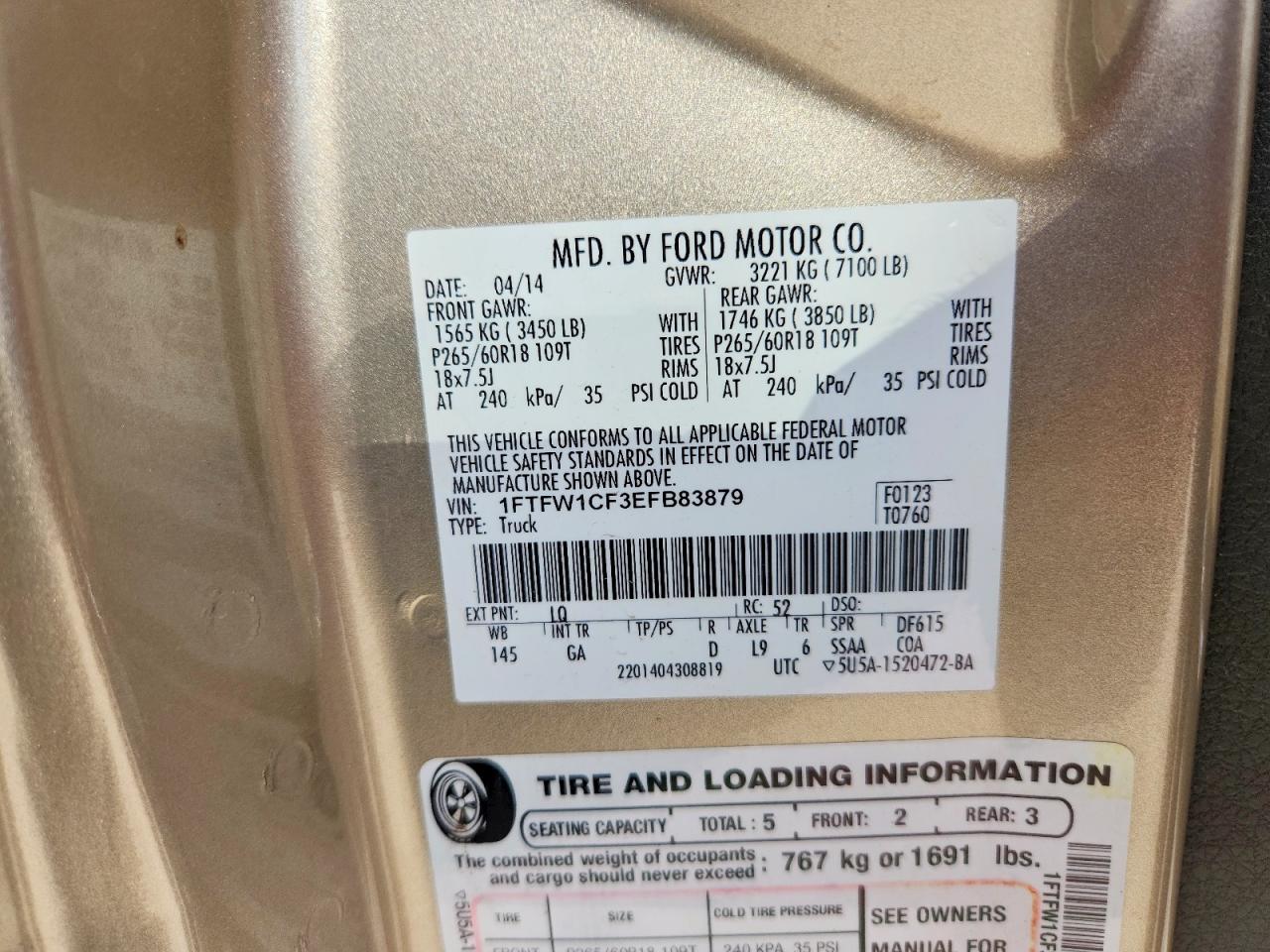 2014 Ford F150 Supercrew Gold vin: 1FTFW1CF3EFB83879