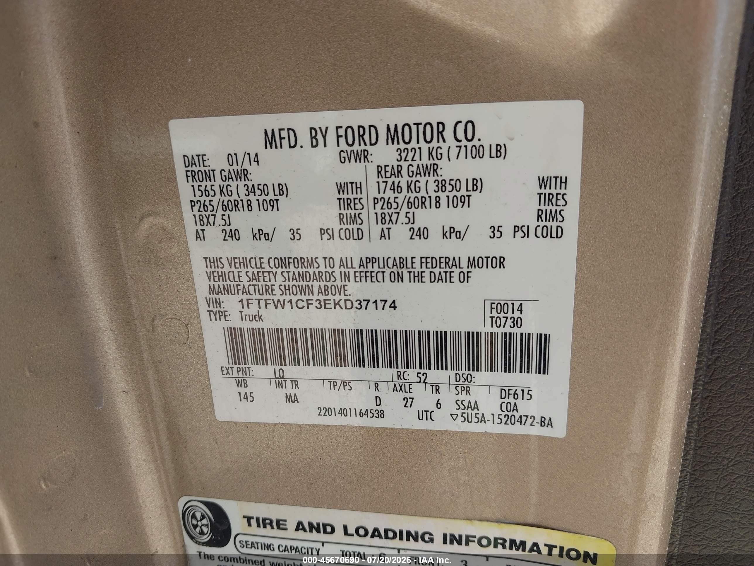 2014 Ford F-150 Xlt Tan vin: 1FTFW1CF3EKD37174