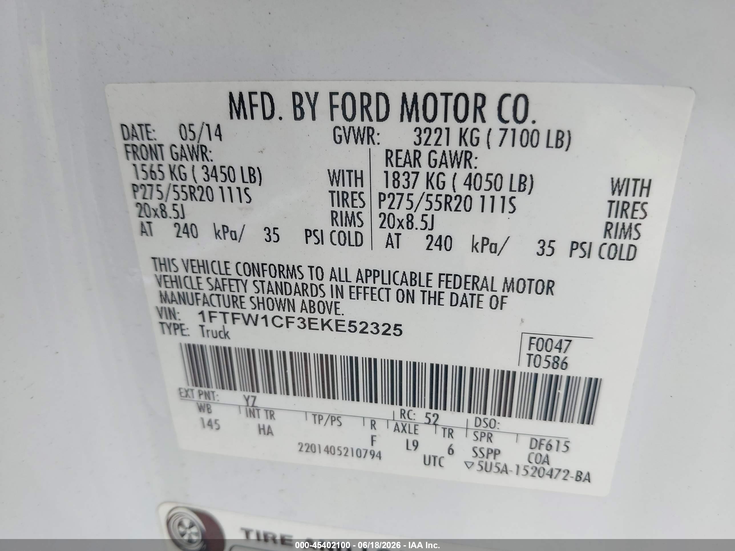 2014 Ford F-150 Lariat White vin: 1FTFW1CF3EKE52325