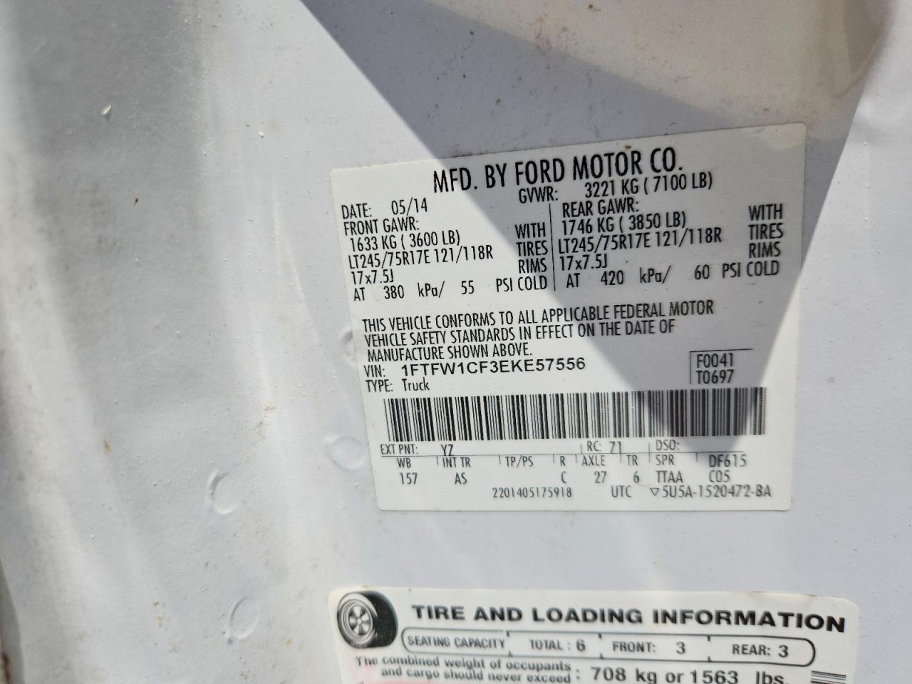 2014 Ford F150 White vin: 1FTFW1CF3EKE57556