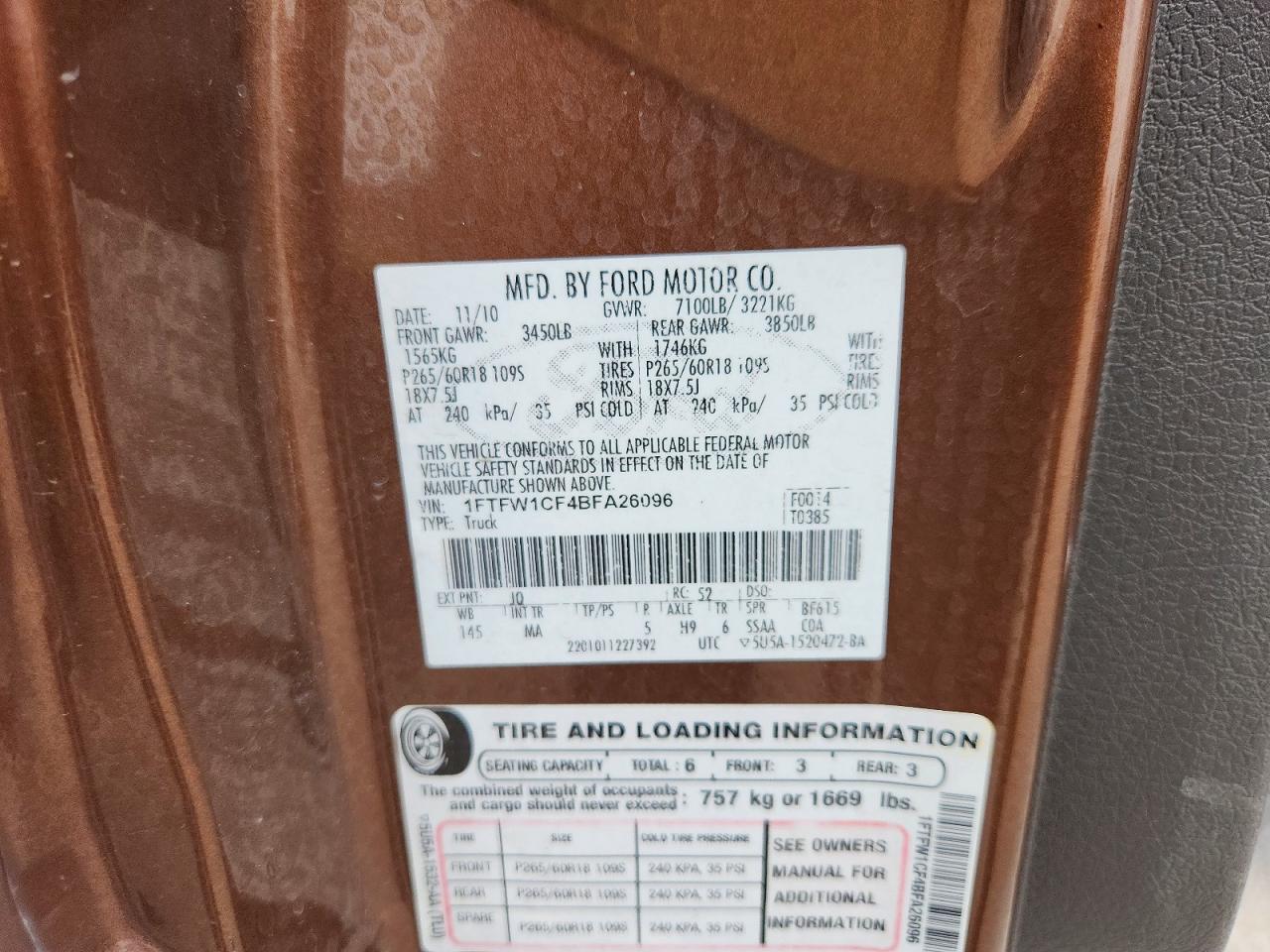 2011 Ford F150 Supercrew Brown vin: 1FTFW1CF4BFA26096