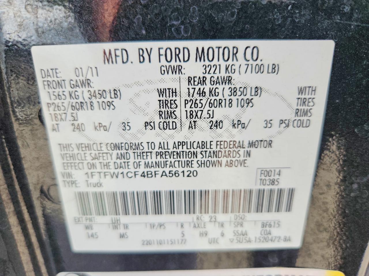 2011 Ford F150 Supercrew Black vin: 1FTFW1CF4BFA56120