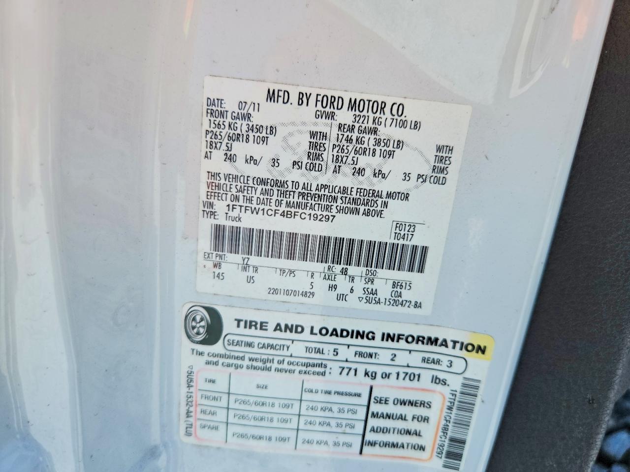 2011 Ford F150 Supercrew White vin: 1FTFW1CF4BFC19297