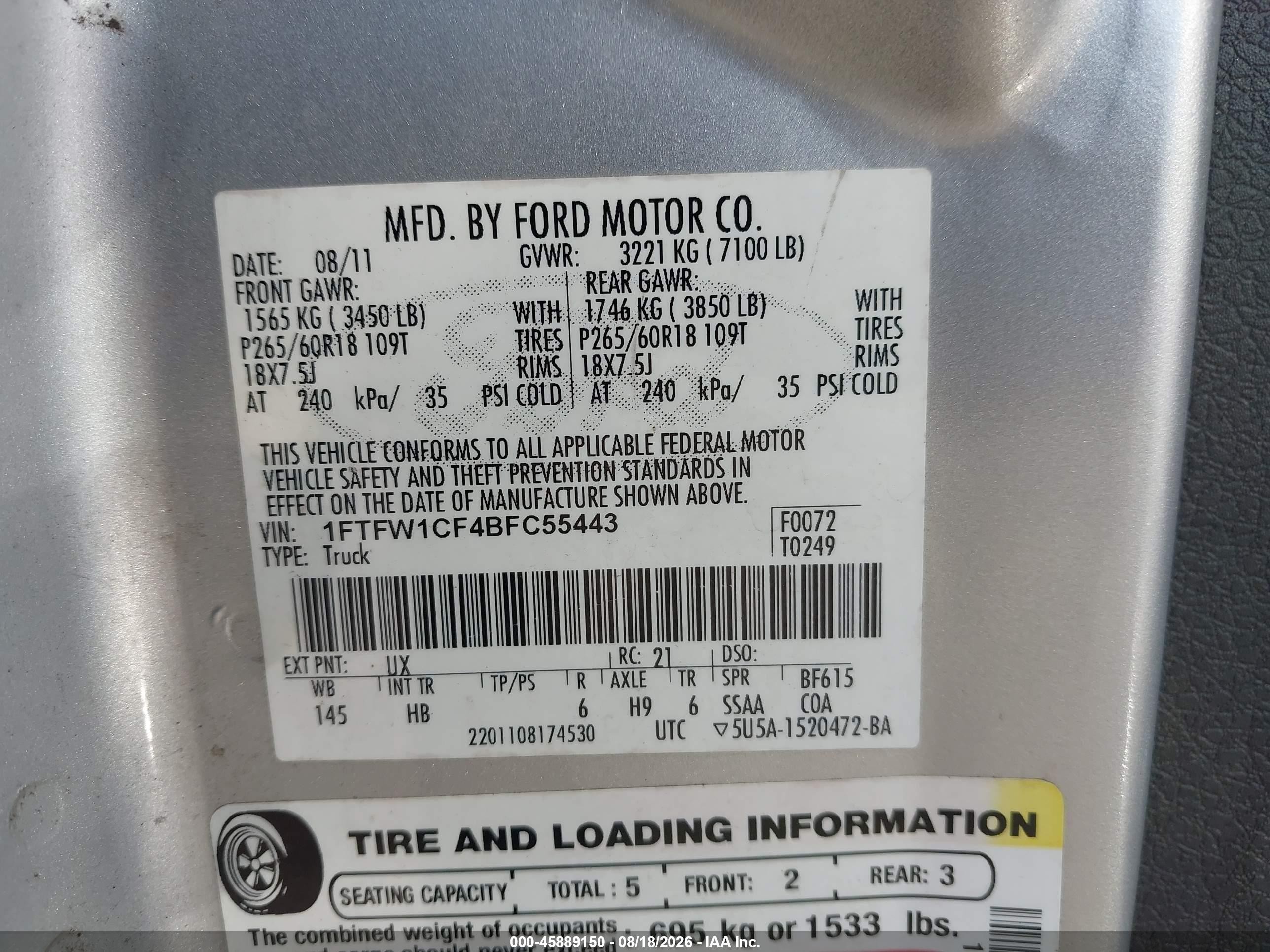 2011 Ford F-150 Lariat Gray vin: 1FTFW1CF4BFC55443