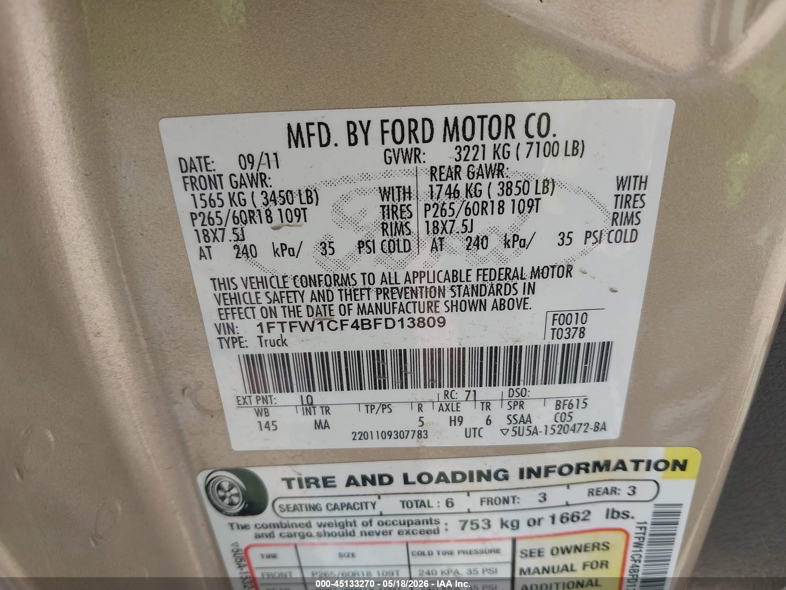 2011 Ford F-150 Xlt Gold vin: 1FTFW1CF4BFD13809