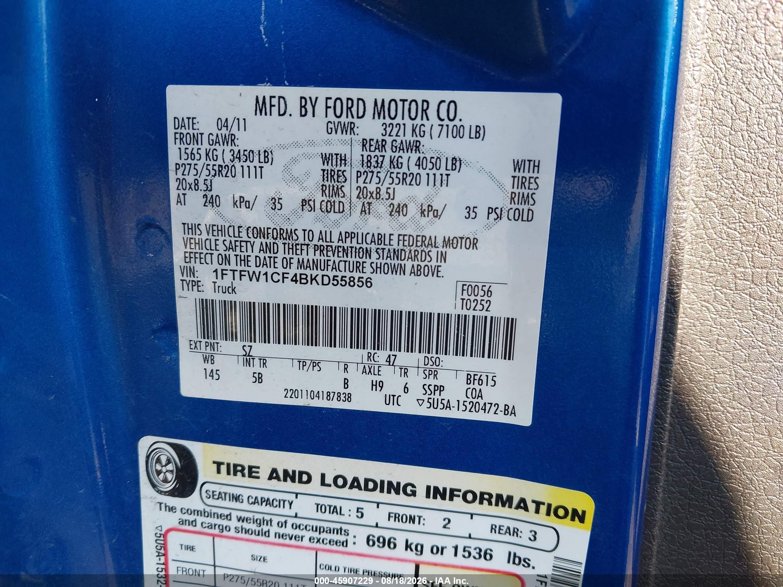 2011 Ford F-150 Fx2 Blue vin: 1FTFW1CF4BKD55856