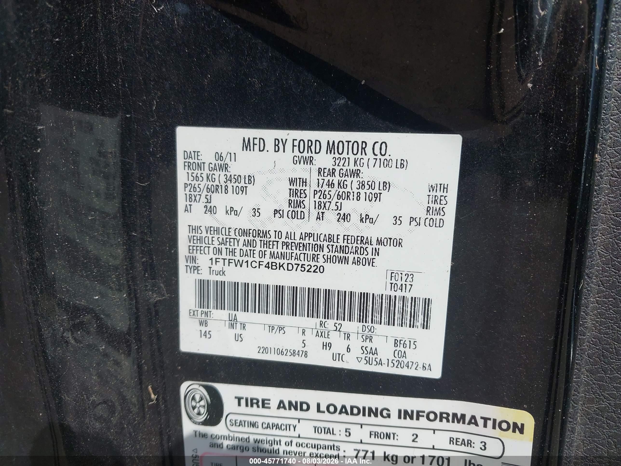 2011 Ford F-150 Xlt Черный vin: 1FTFW1CF4BKD75220