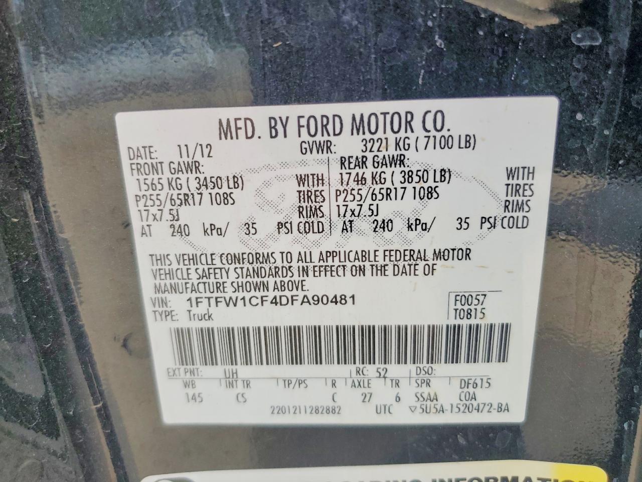 2013 Ford F150 Supercrew Black vin: 1FTFW1CF4DFA90481