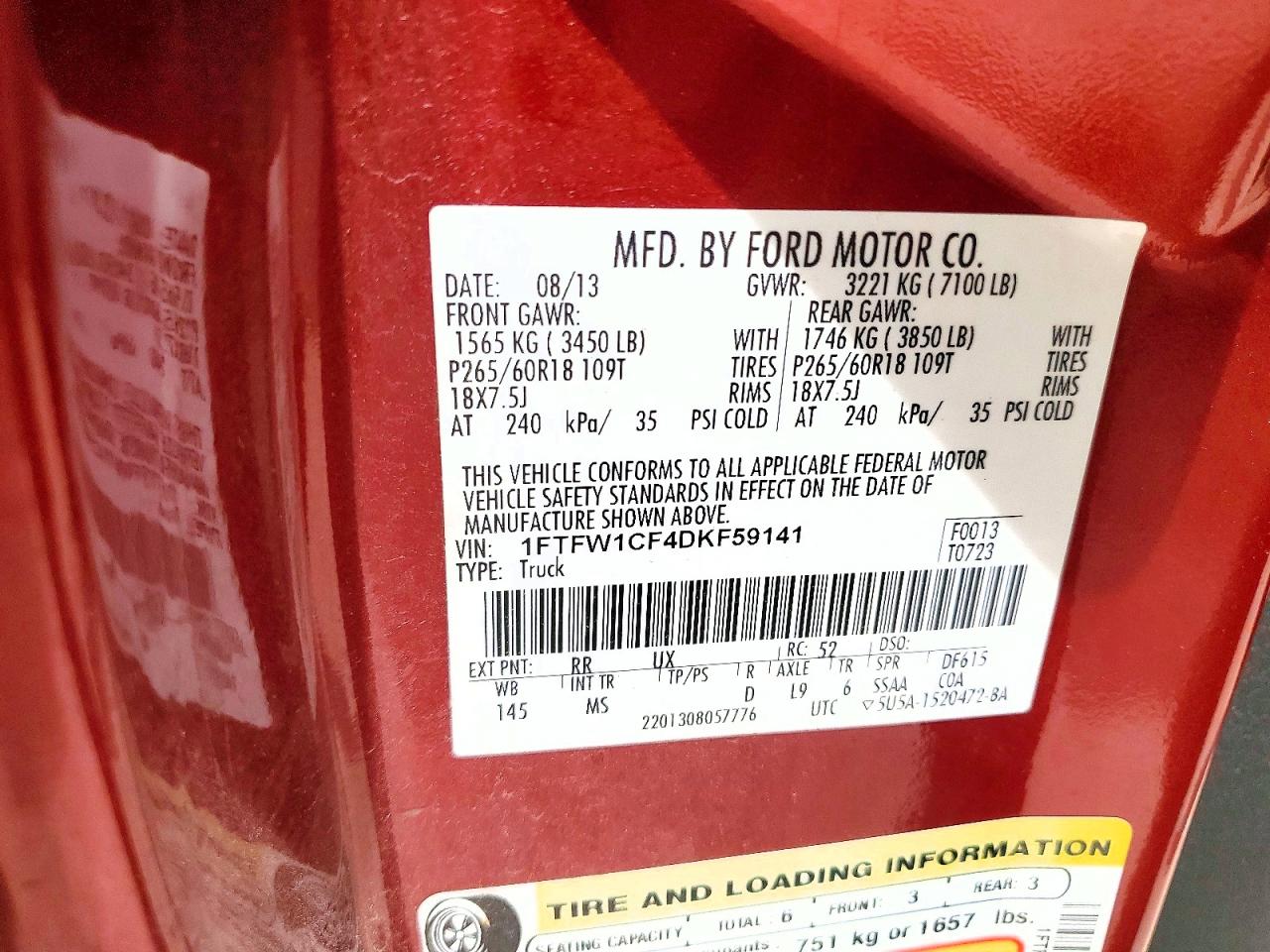 2013 Ford F150 Supercrew Red vin: 1FTFW1CF4DKF59141