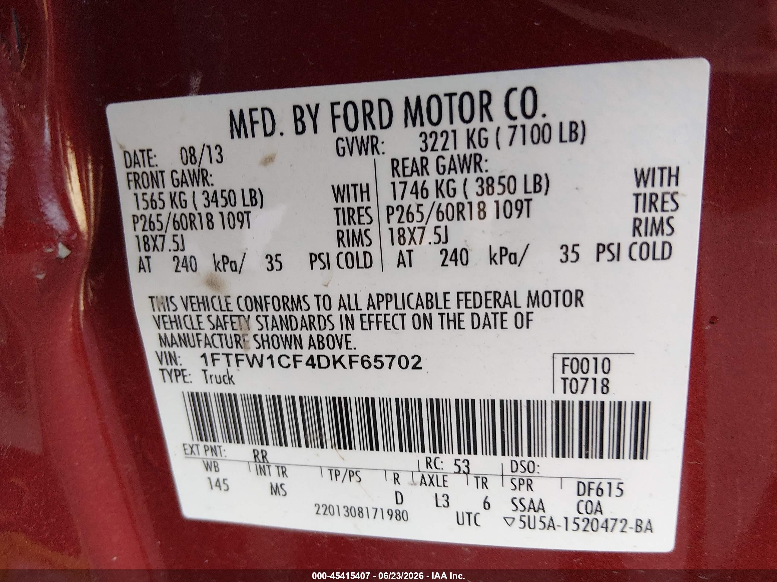 2013 Ford F-150 Fx2/king Ranch/lariat/platinum/xl/xlt Burgundy vin: 1FTFW1CF4DKF65702