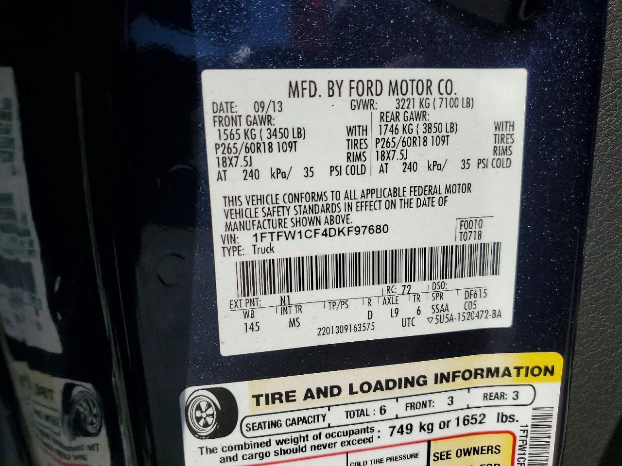 2013 Ford F150 Supercrew Blue vin: 1FTFW1CF4DKF97680