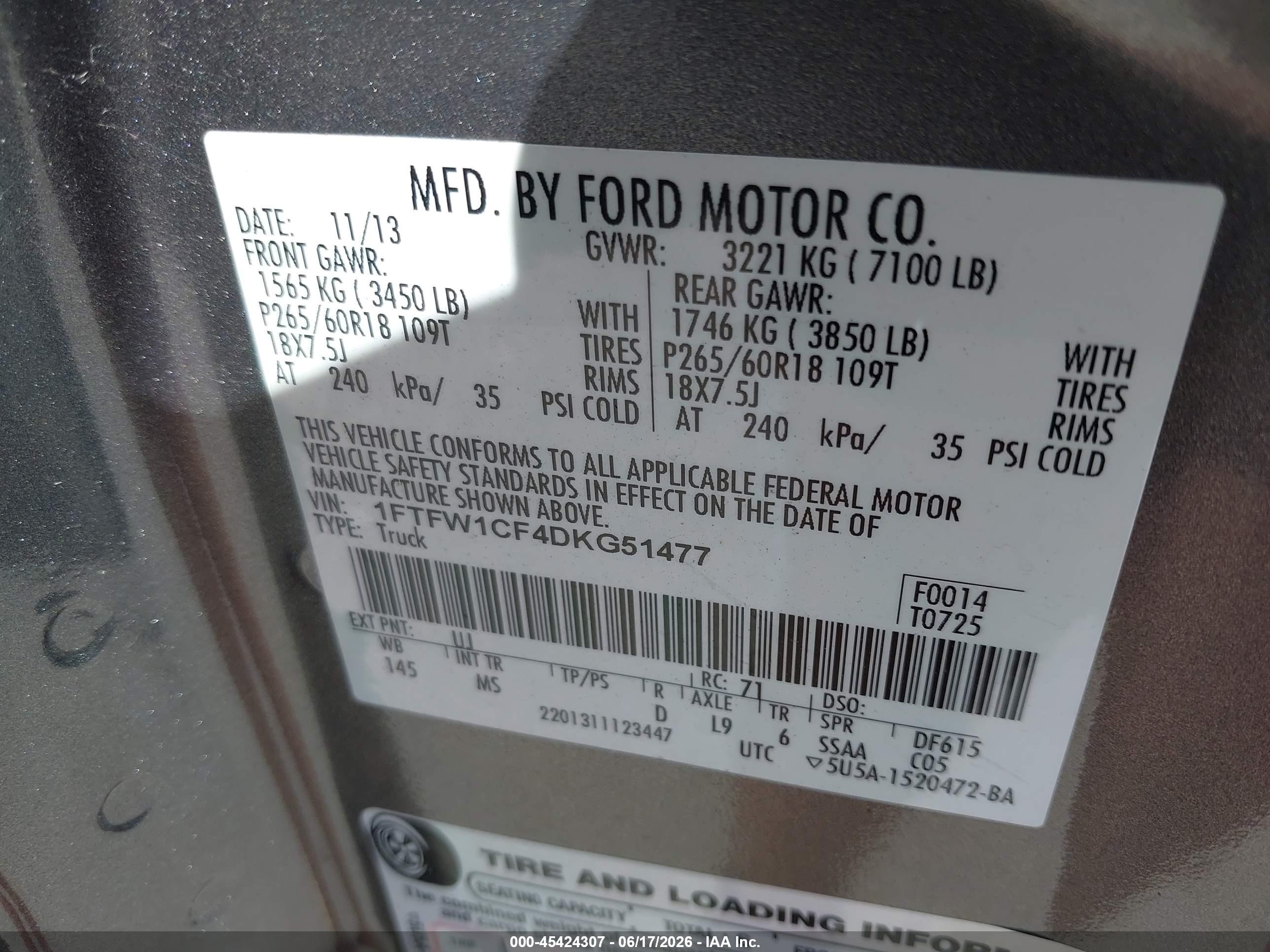 2013 Ford F-150 Fx2/king Ranch/lariat/platinum/xl/xlt Gray vin: 1FTFW1CF4DKG51477