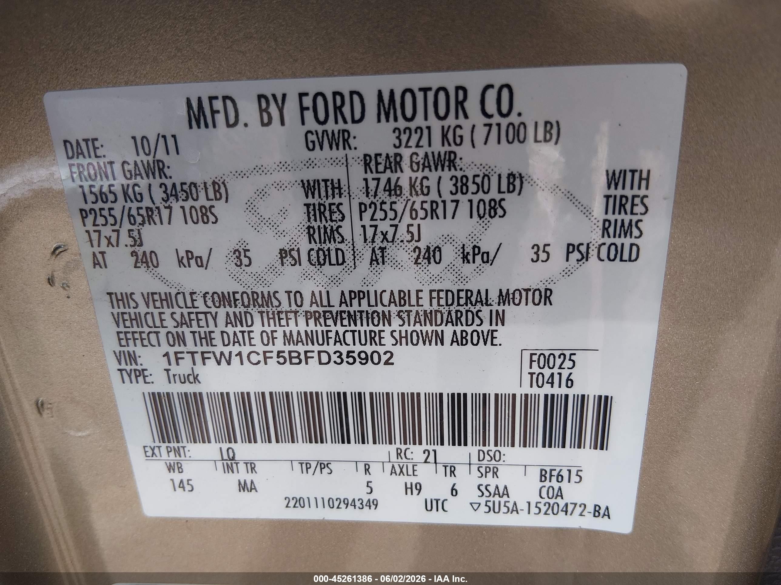 2011 Ford F-150 Xlt Tan vin: 1FTFW1CF5BFD35902