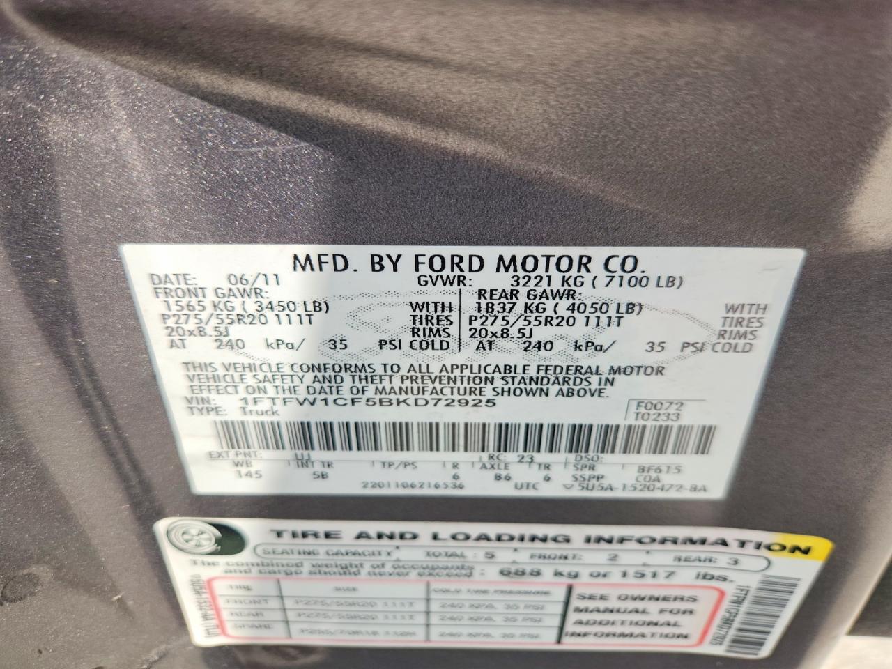 2011 Ford F150 Supercrew Charcoal vin: 1FTFW1CF5BKD72925